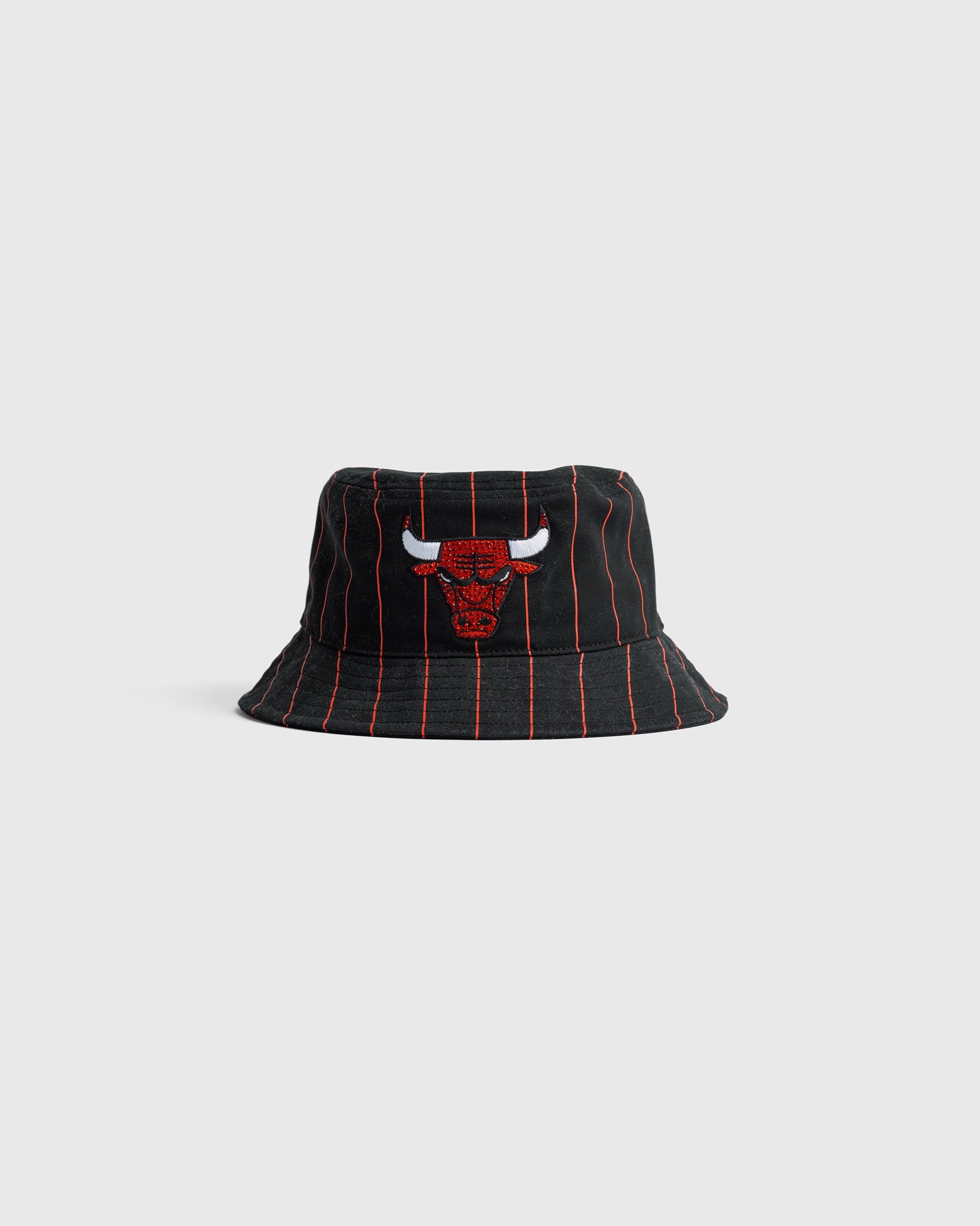 Chicago Bulls bucket hat with black pinstripe design and embroidered team logo