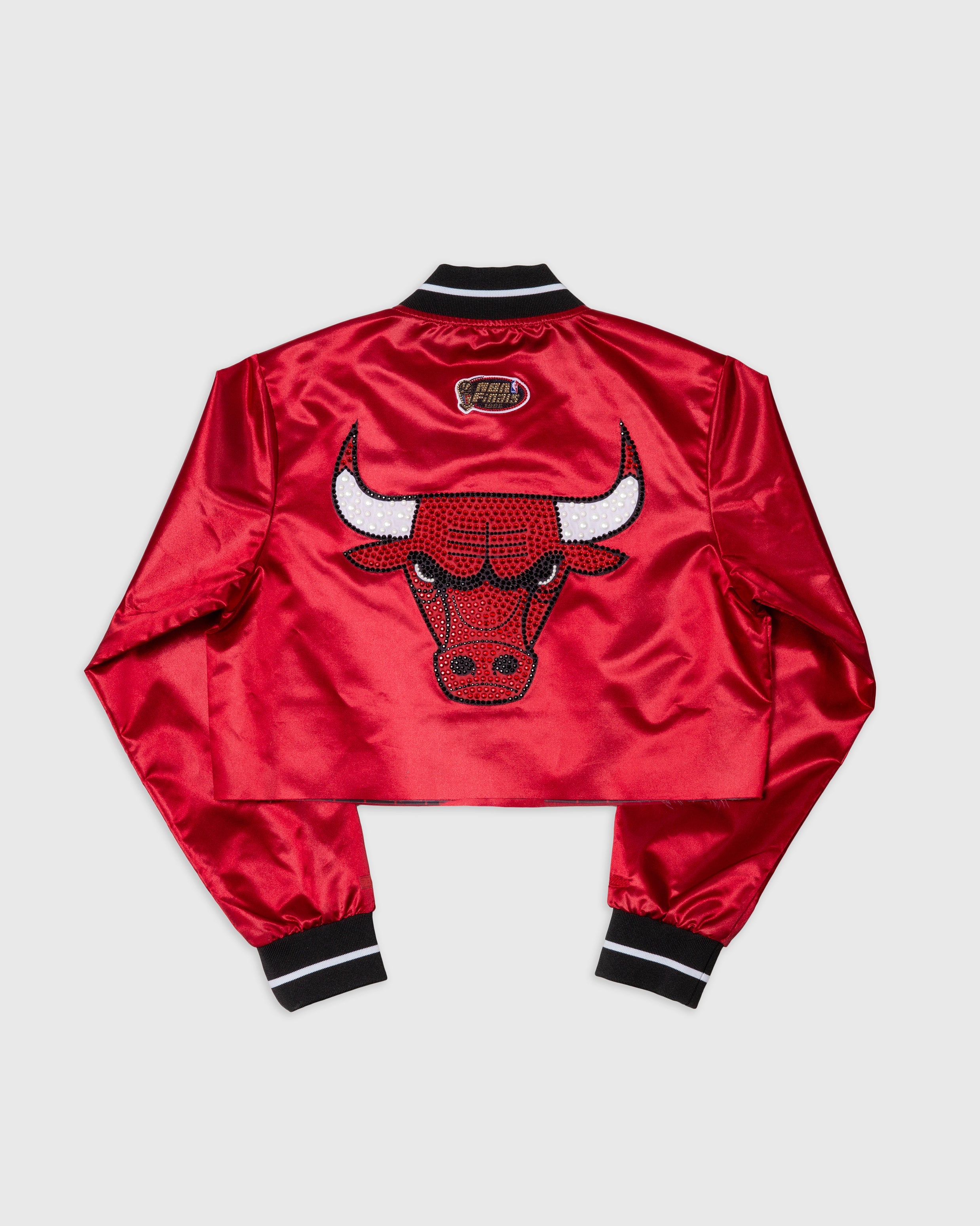 Chicago Bulls red cropped satin jacket with rhinestone bull emblem and black striped cuffs