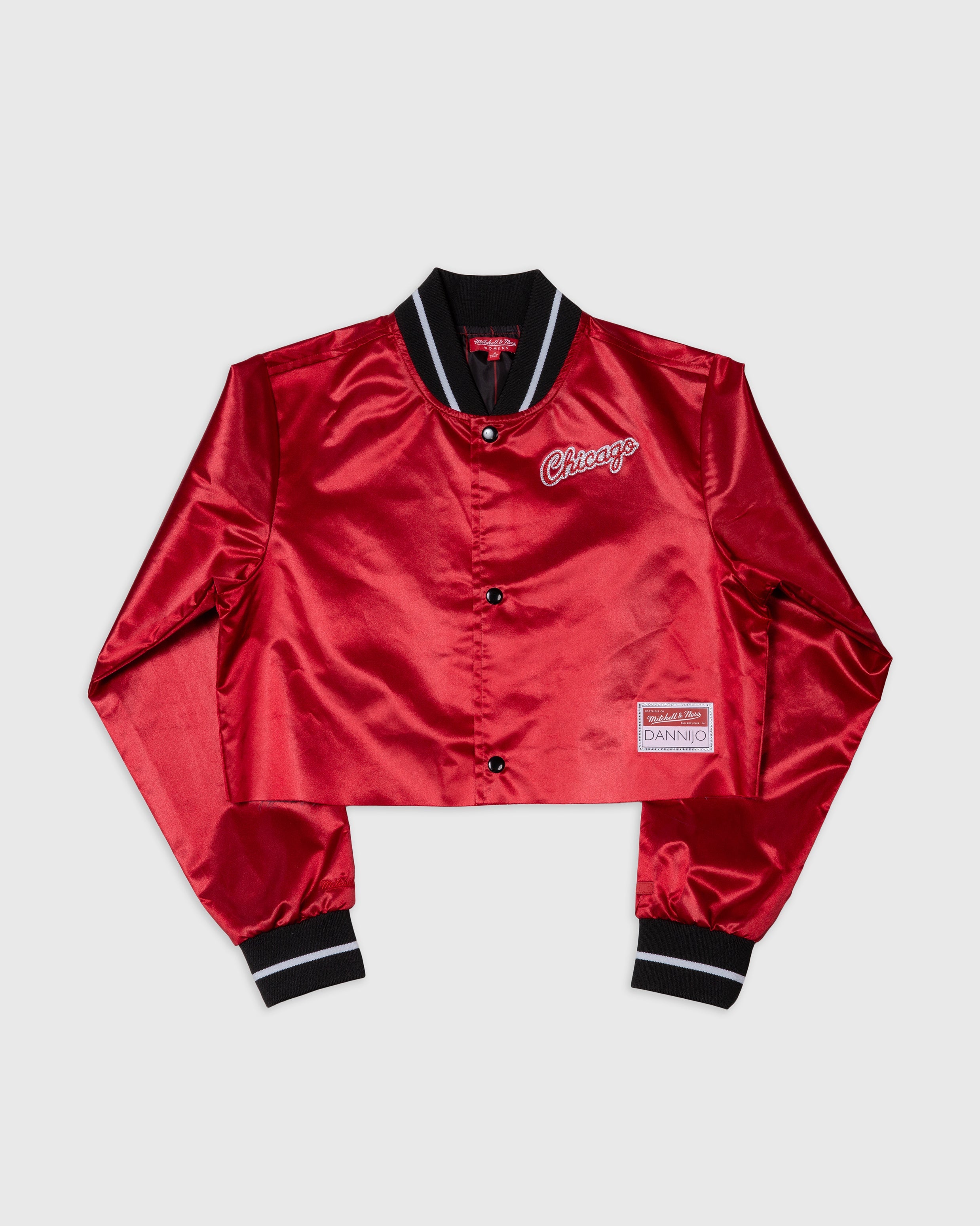 Chicago Bulls red cropped satin jacket with rhinestone and tackle twill details