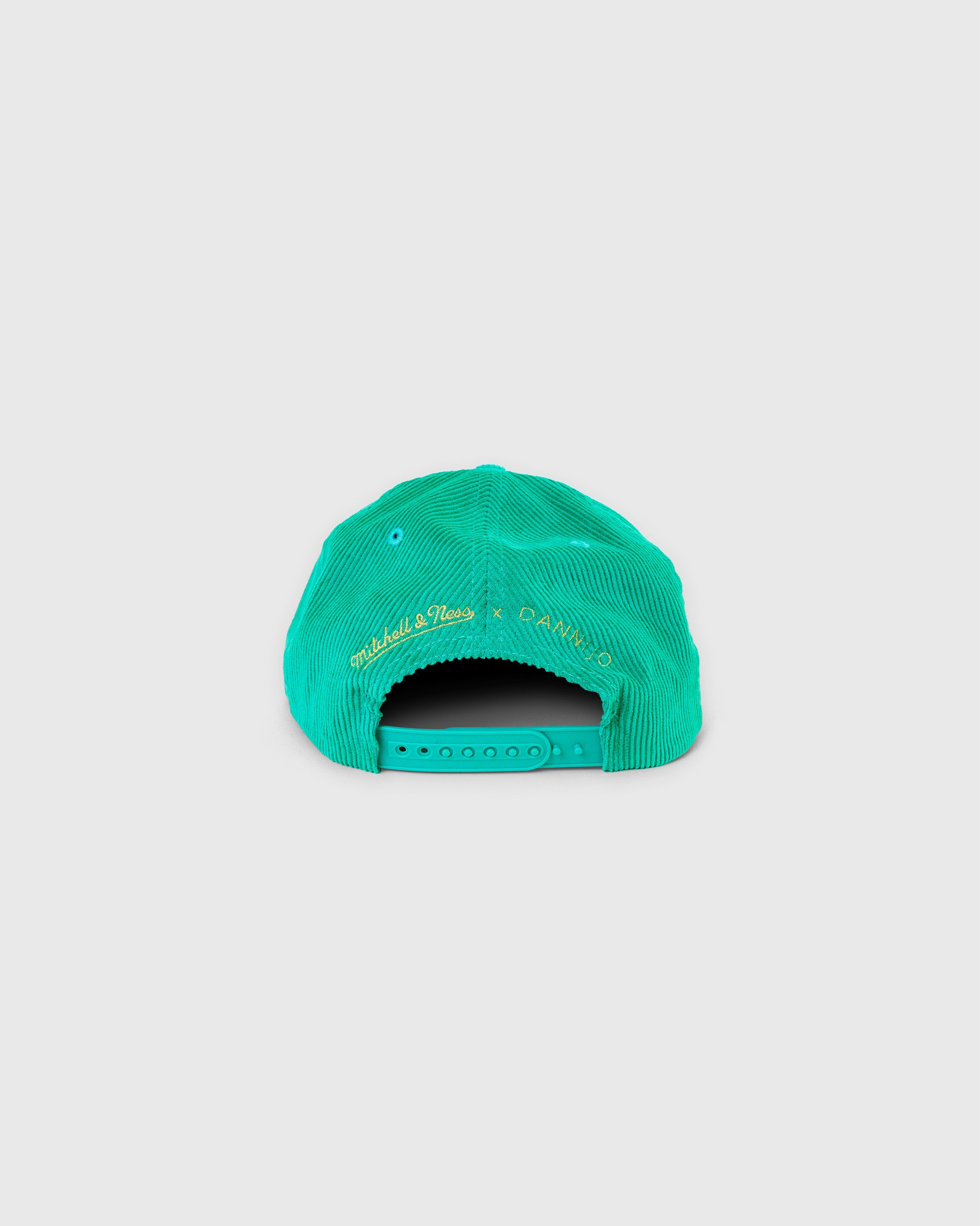 Boston Celtics green corduroy snapback hat with rhinestone and embroidered team details back view