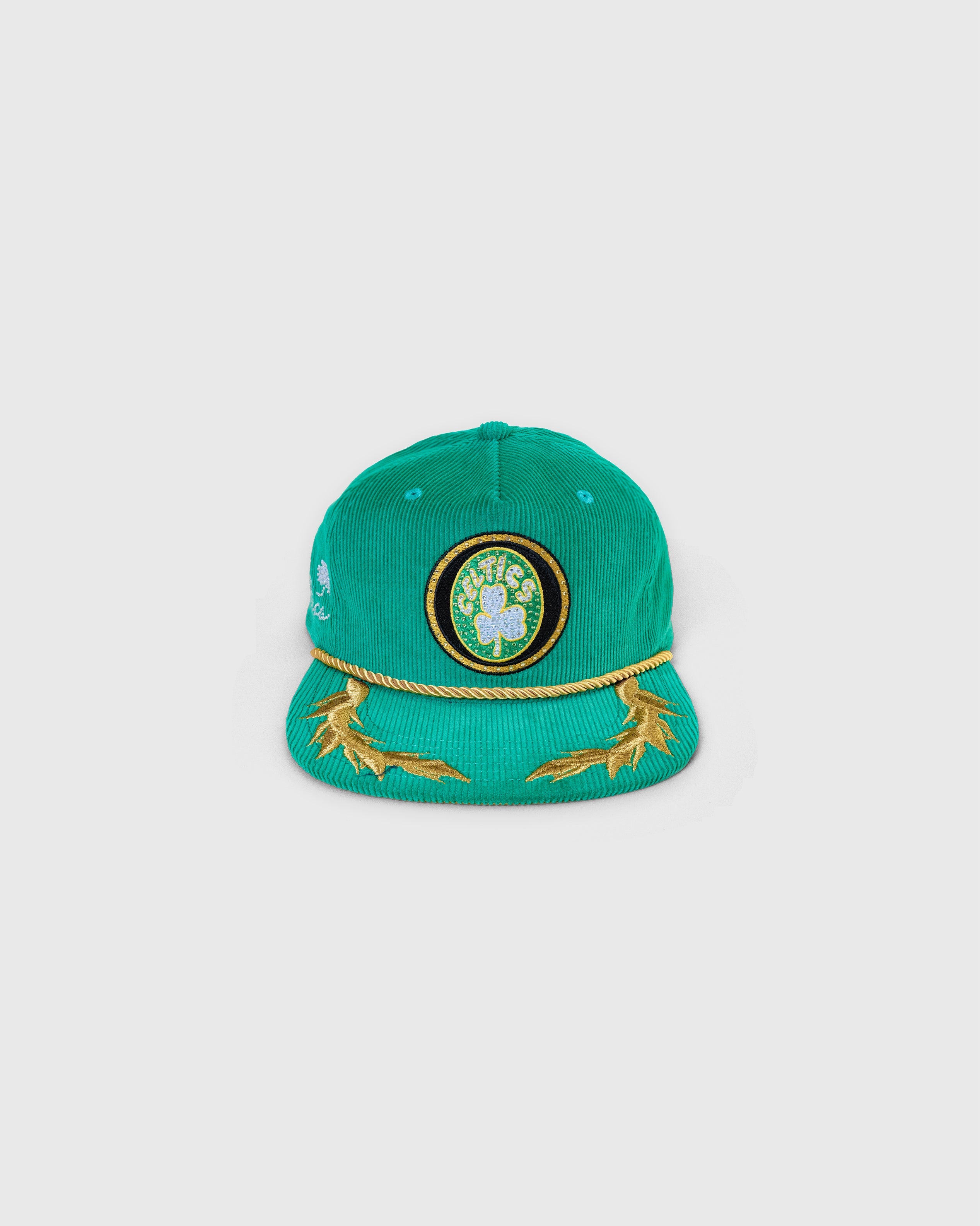 Green Boston Celtics corduroy snapback hat with rhinestone embroidered logo and gold detailing