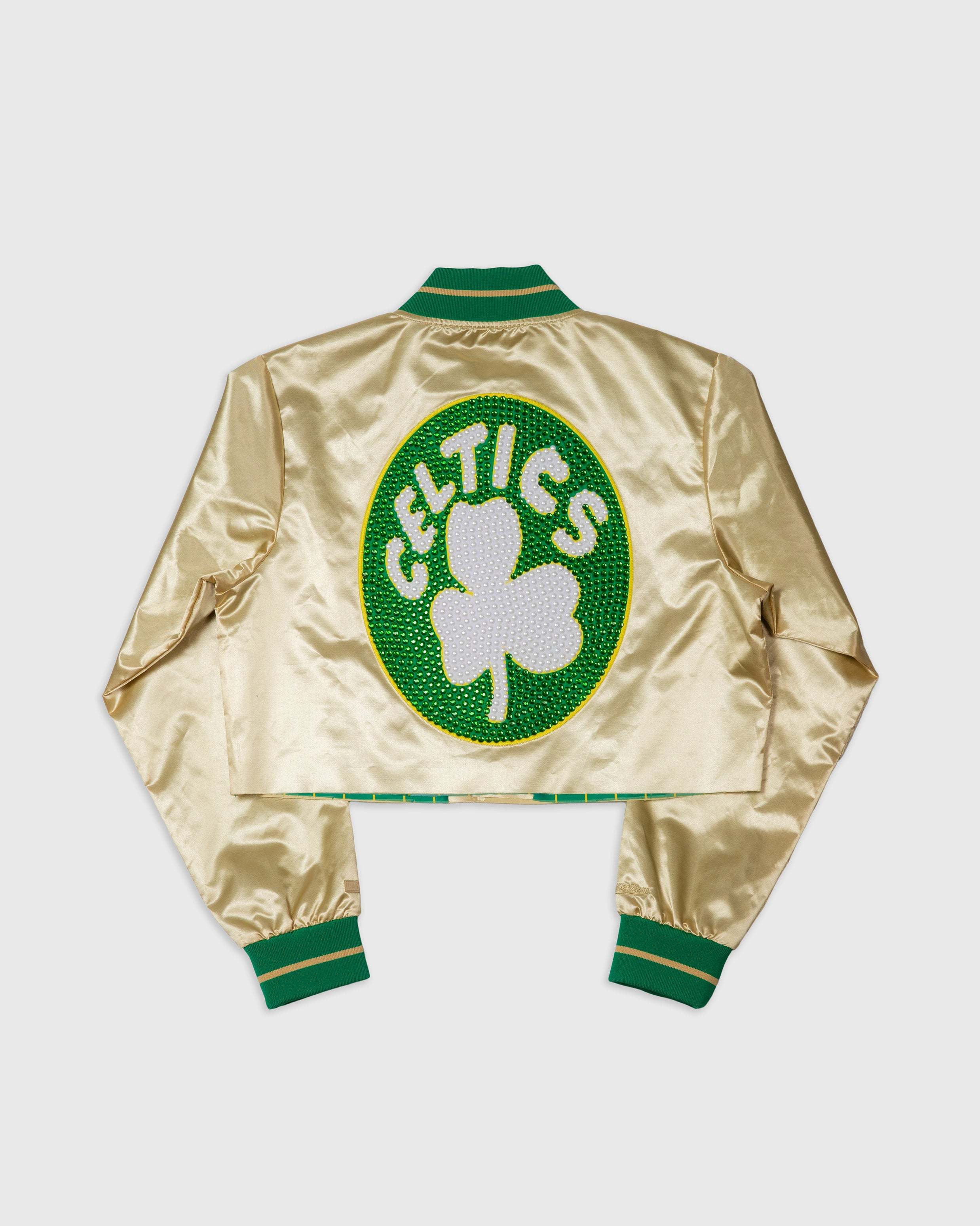 Boston Celtics gold satin cropped jacket with rhinestone team emblem and green accents