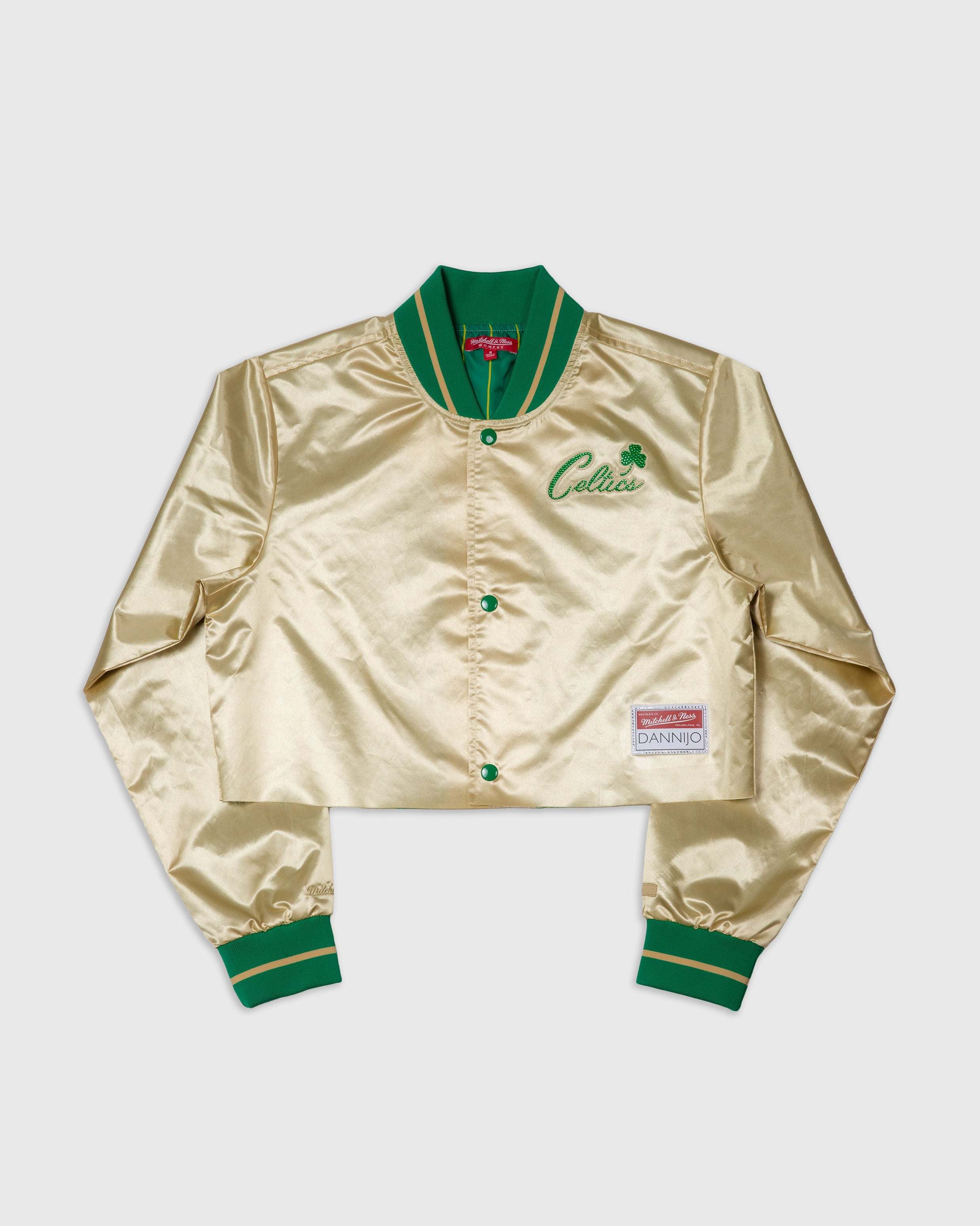 Boston Celtics gold cropped satin jacket with green trim and rhinestone accents