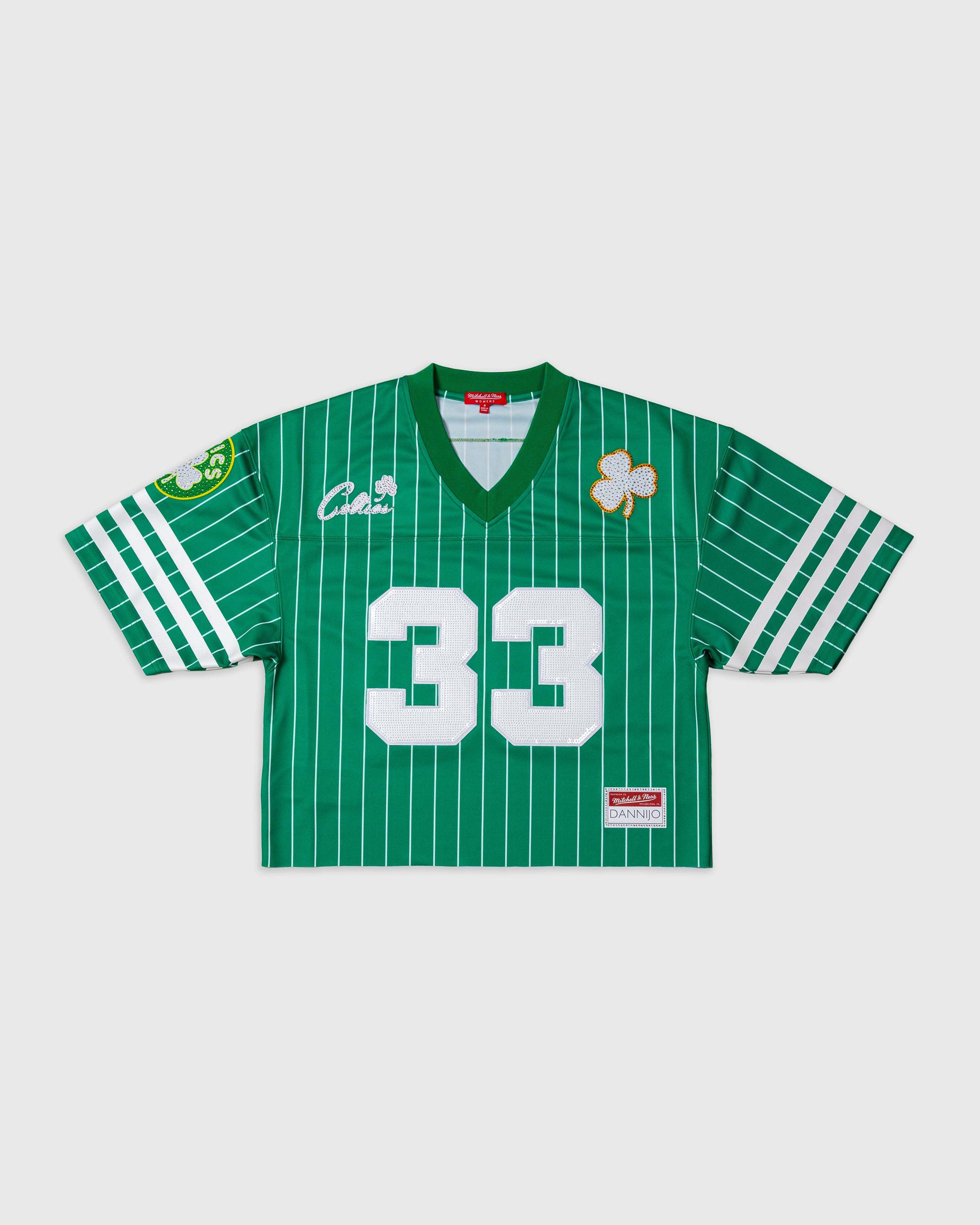Larry Bird Boston Celtics green rhinestone crop football jersey with number 33 and white pinstripes