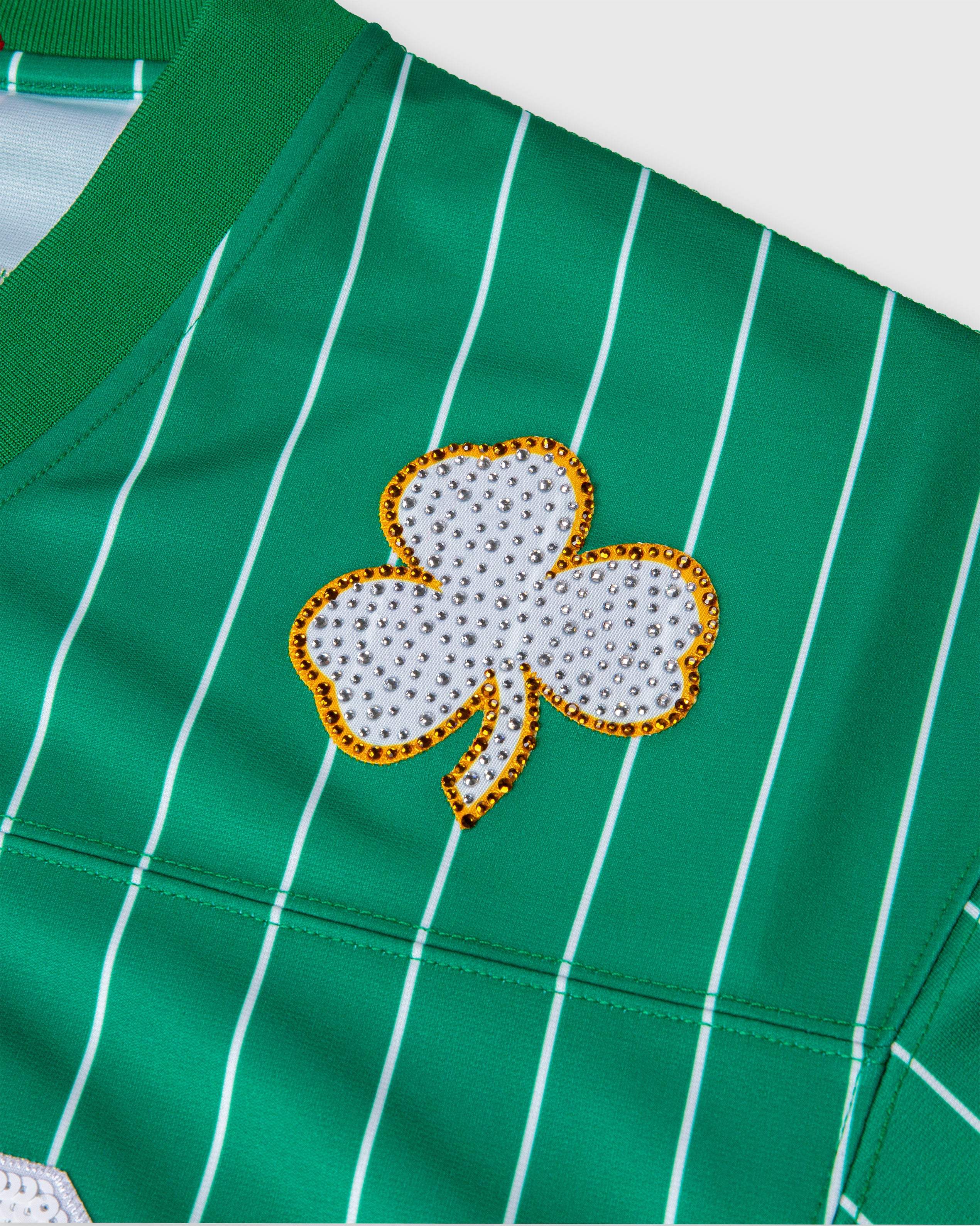 Larry Bird Boston Celtics green rhinestone crop football jersey with shamrock emblem