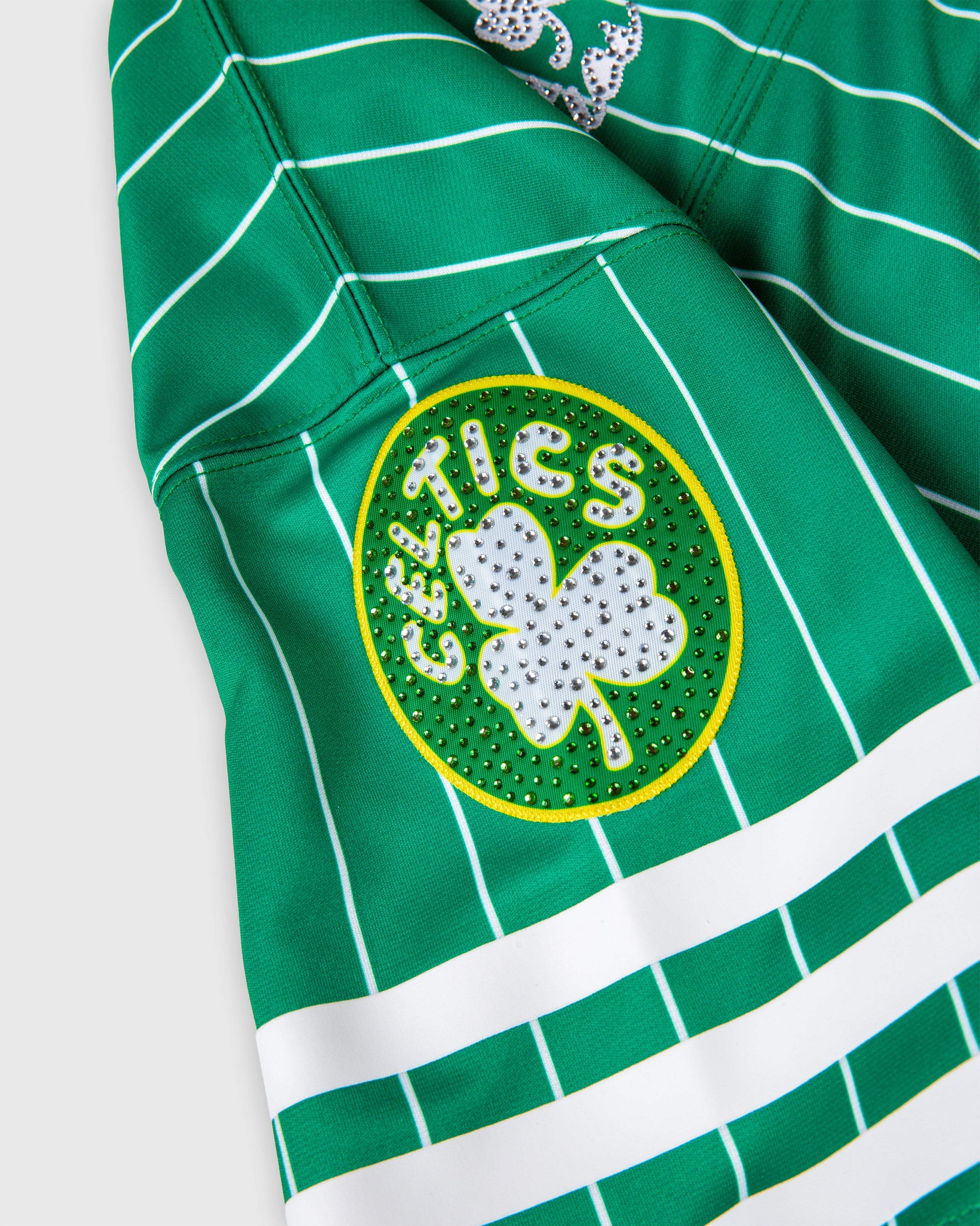 Larry Bird Boston Celtics green cropped jersey with rhinestone logo and white stripes