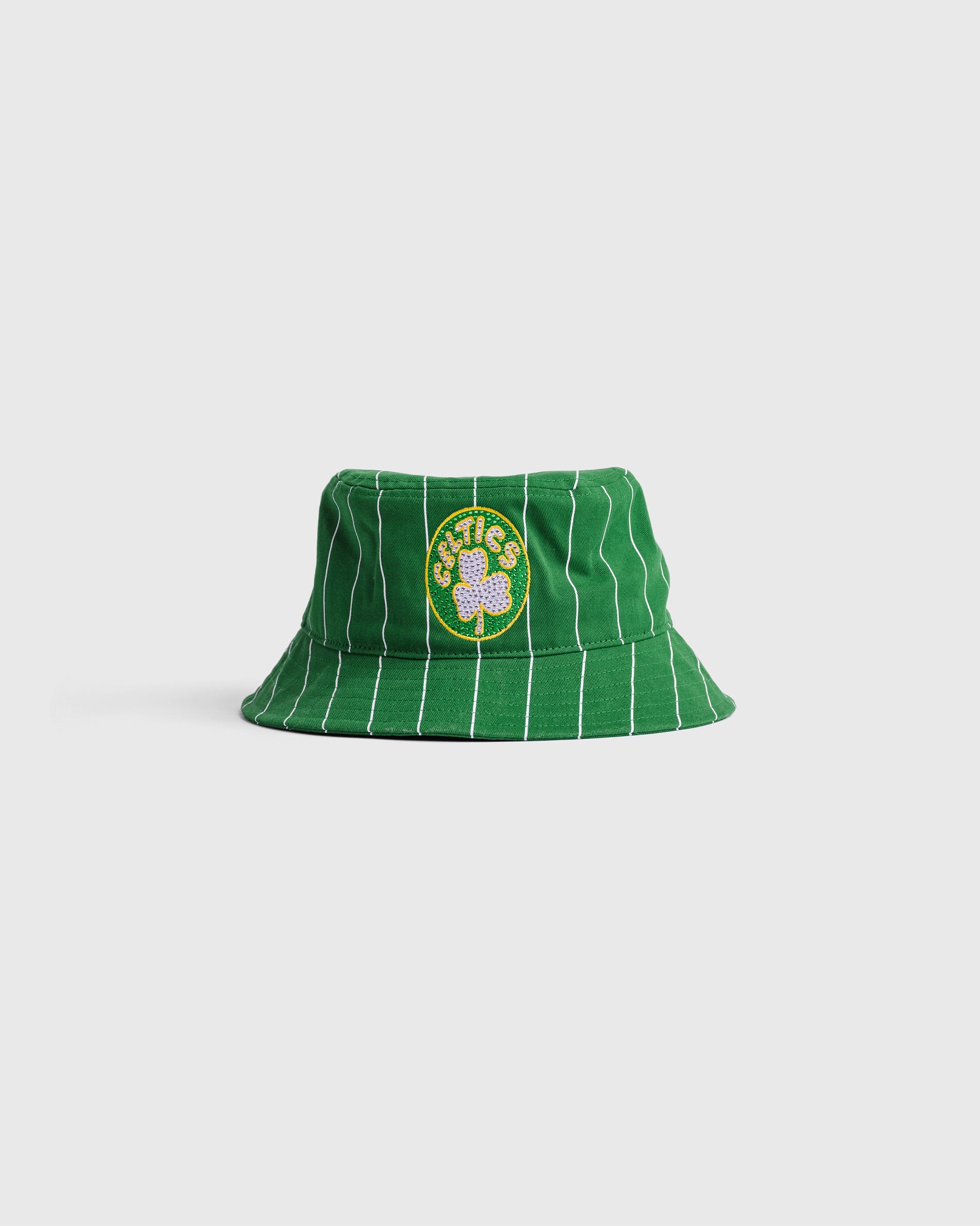 Green Boston Celtics bucket hat with white pinstripes and embroidered team logo