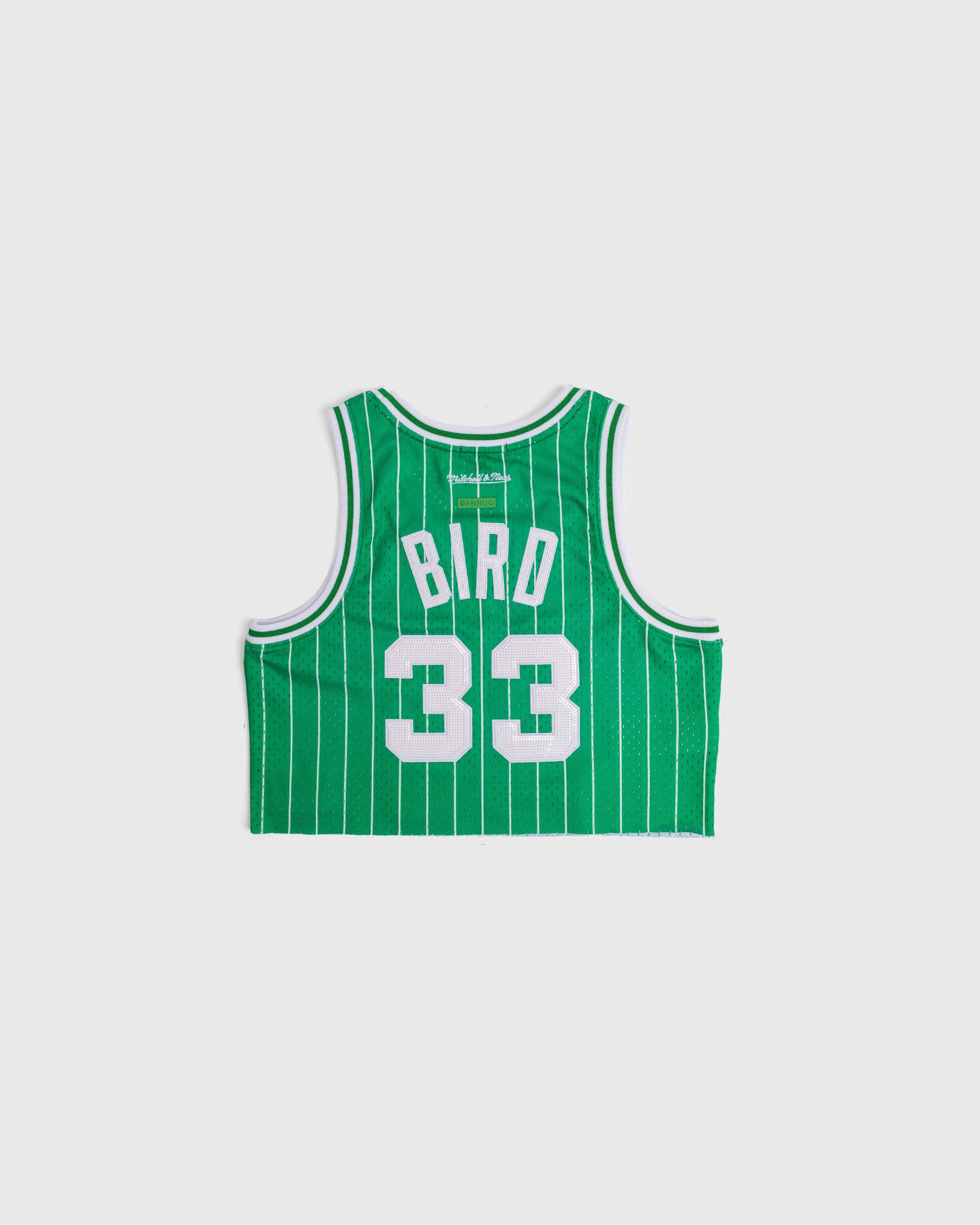 Larry Bird Boston Celtics green cropped basketball jersey with number 33 and pinstripes