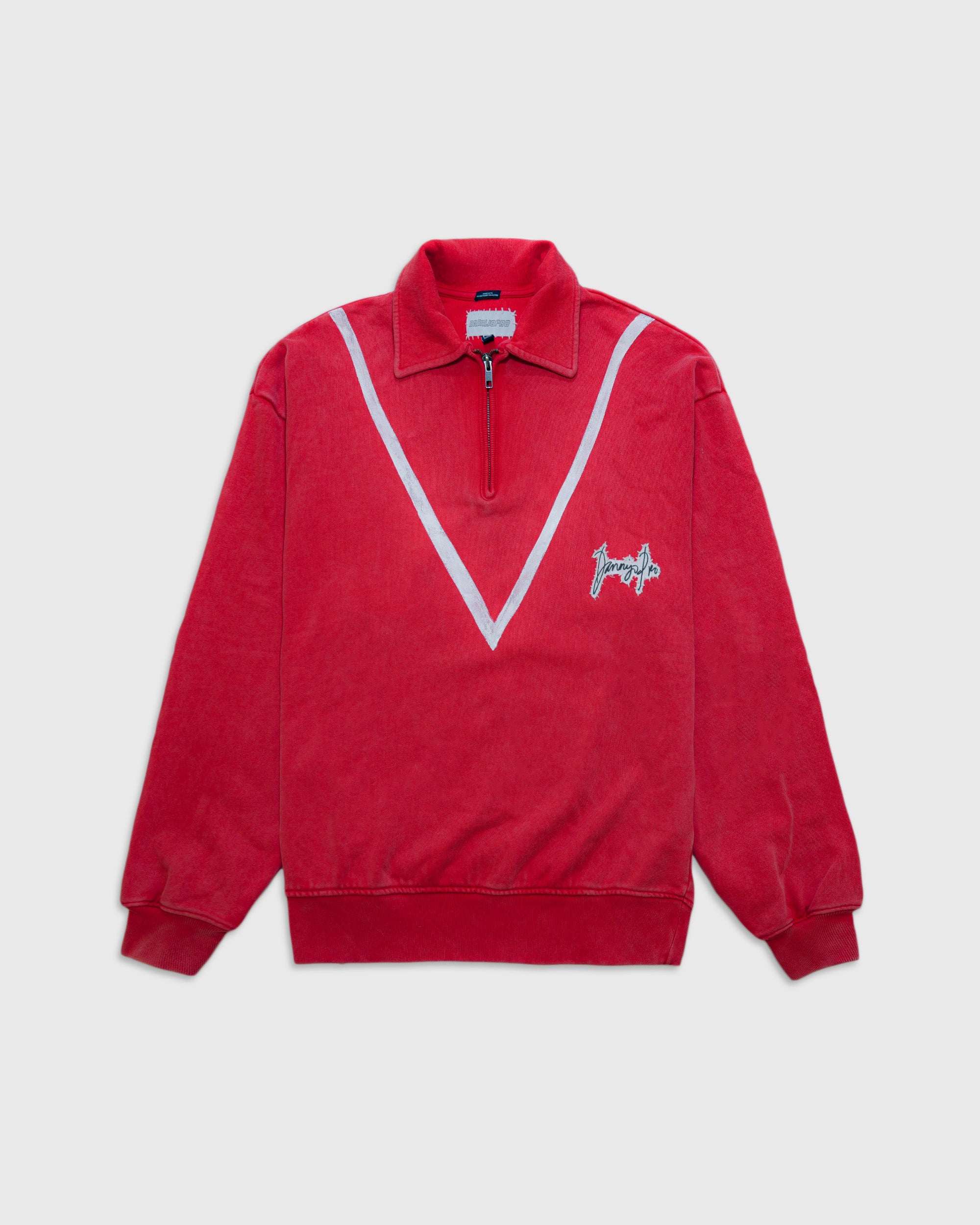 Red DJP Signature Half Zip with oversized fit and hand-painted detailing