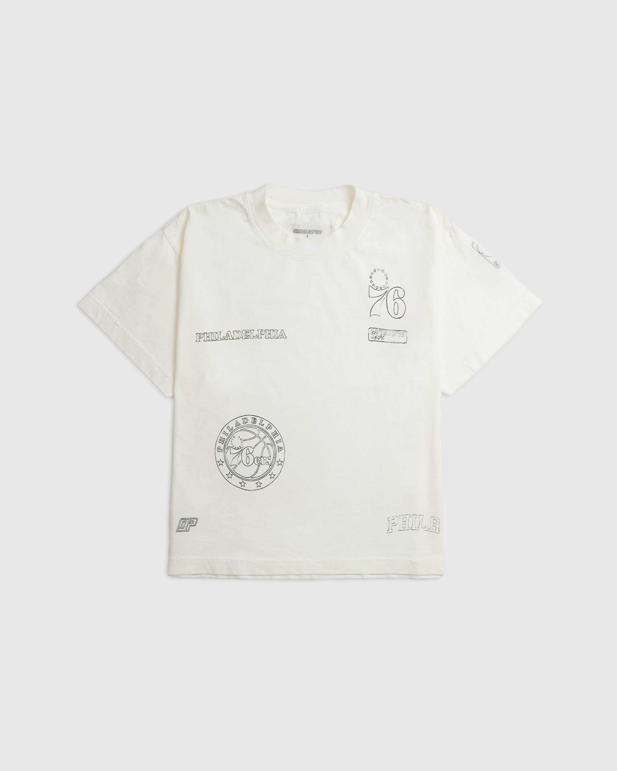 white t-shirt with 76ers black graphics and text on a white background