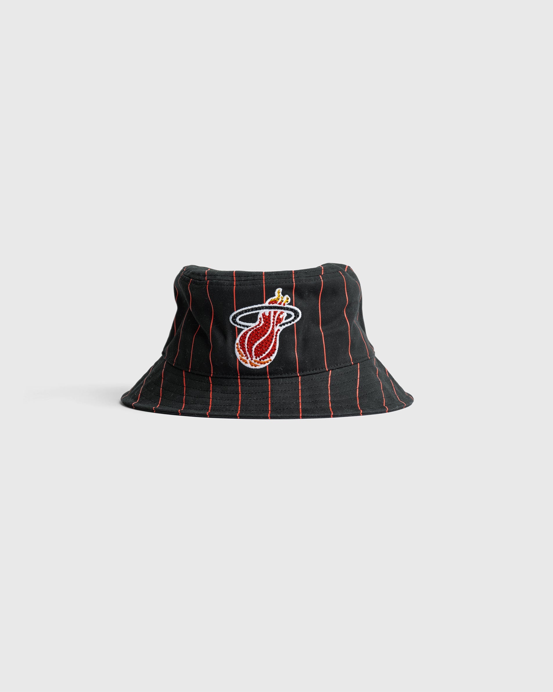 Miami Heat bucket hat with pinstripe pattern and embroidered team logo