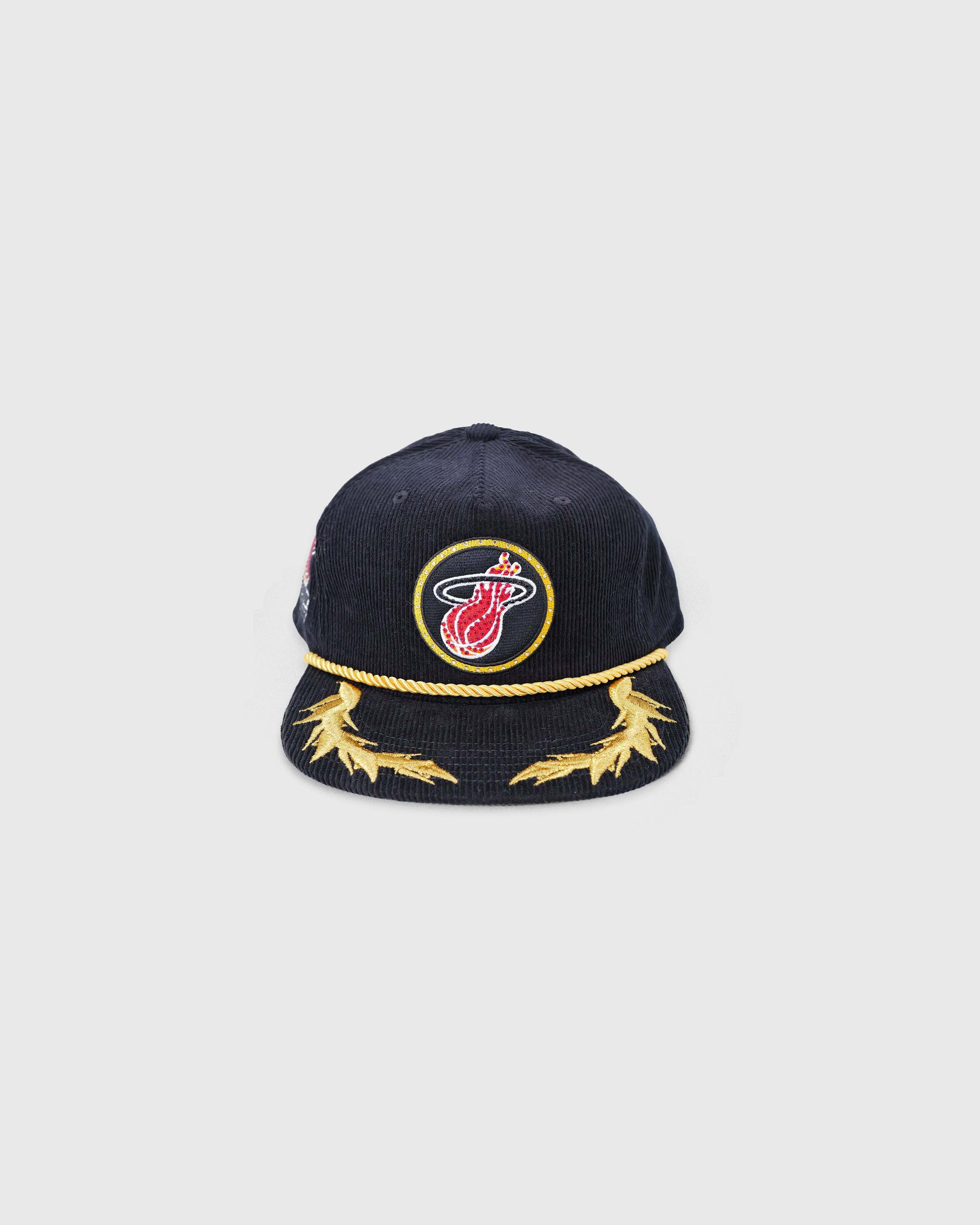 Miami Heat black corduroy snapback hat with embroidered logo and gold rhinestone details