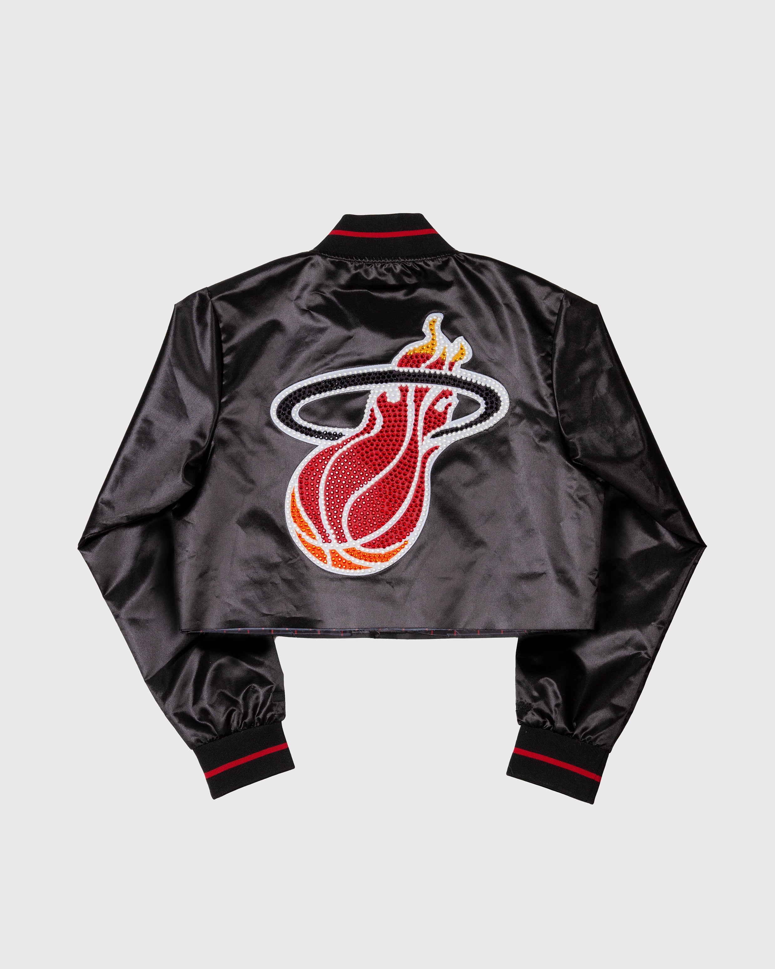 Miami Heat cropped black satin jacket with rhinestone team emblem and red striped cuffs