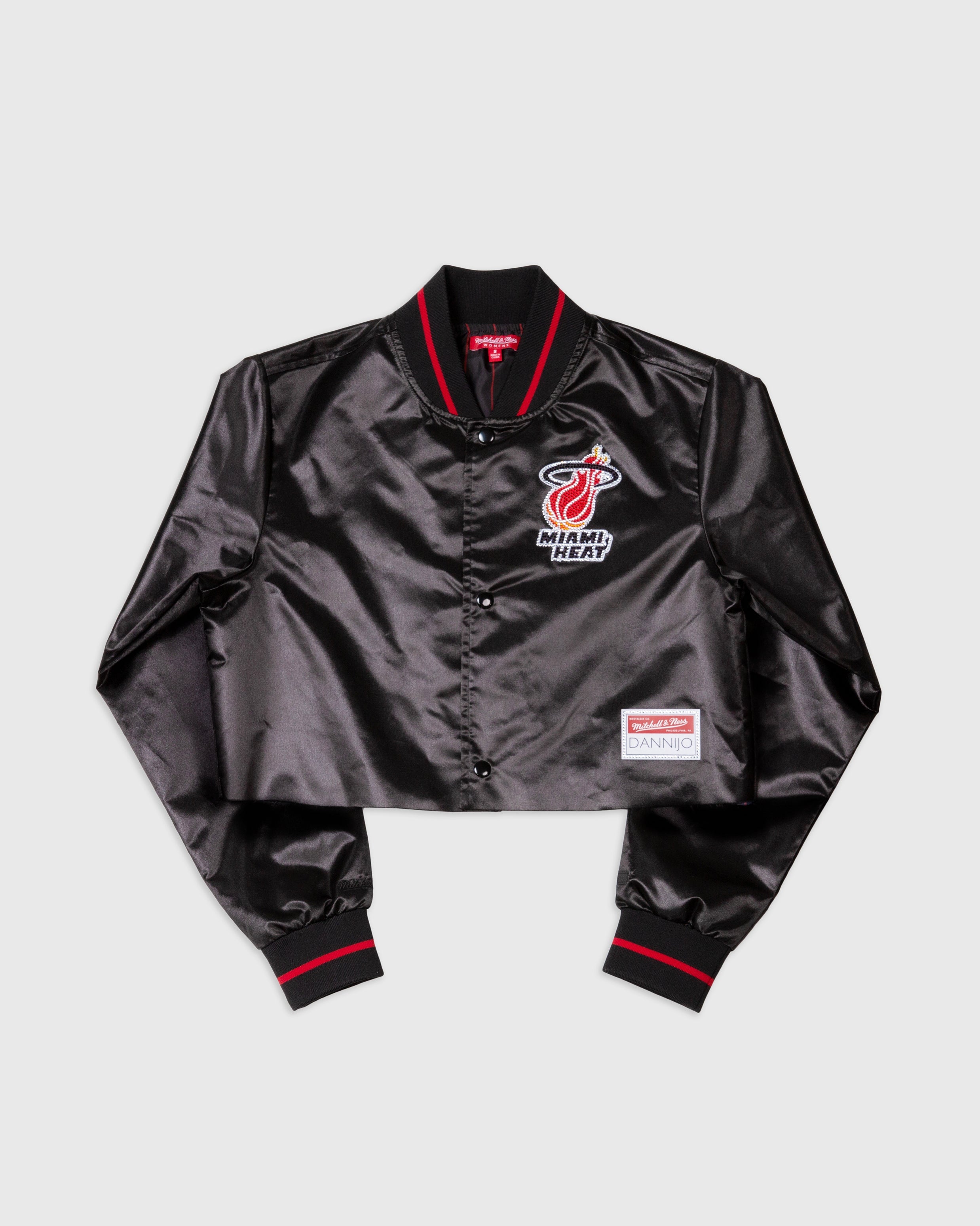 Miami Heat black satin cropped jacket with rhinestone team emblem and red-trimmed collar and cuffs