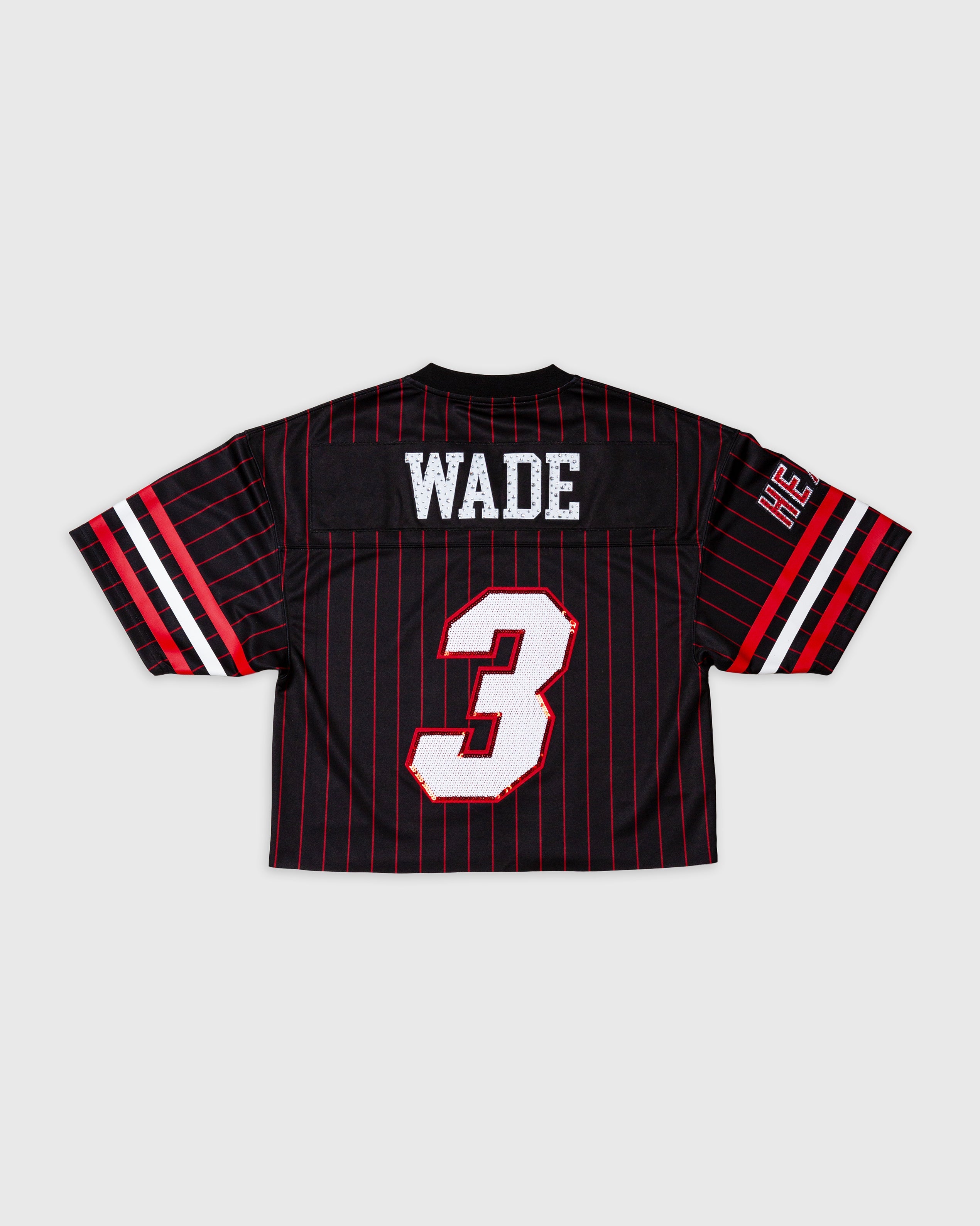 Dwyane Wade Miami Heat rhinestone cropped football jersey with number 3 and black red stripes