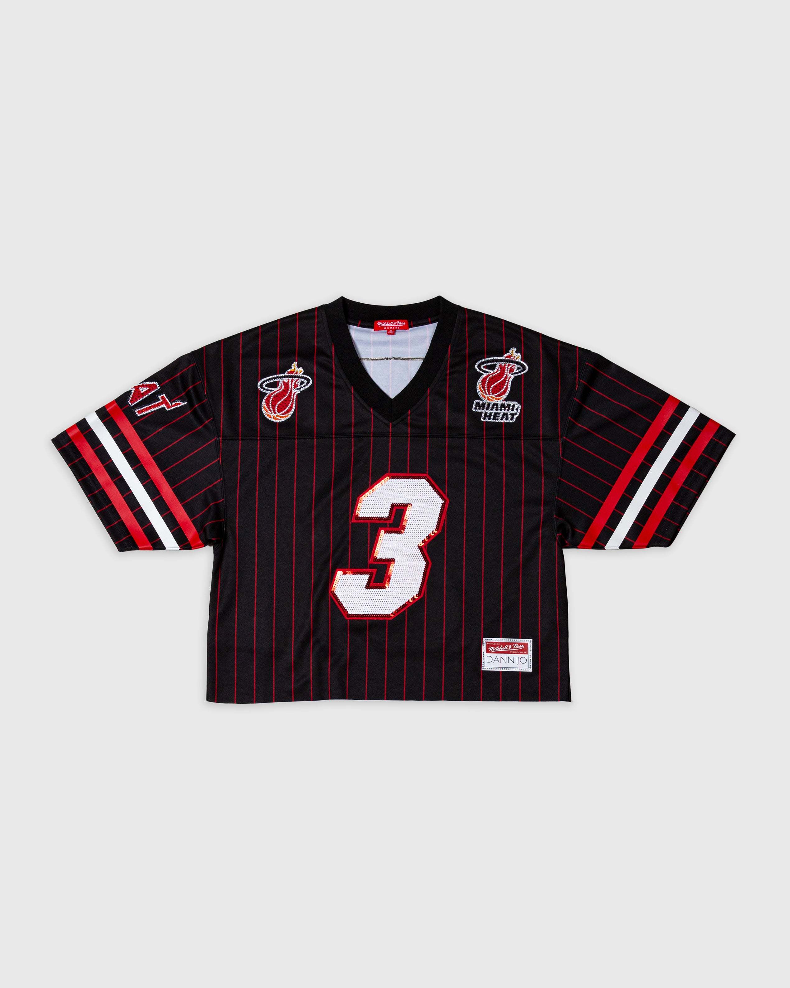 Dwyane Wade Miami Heat cropped black rhinestone football jersey with number 3 and red stripes