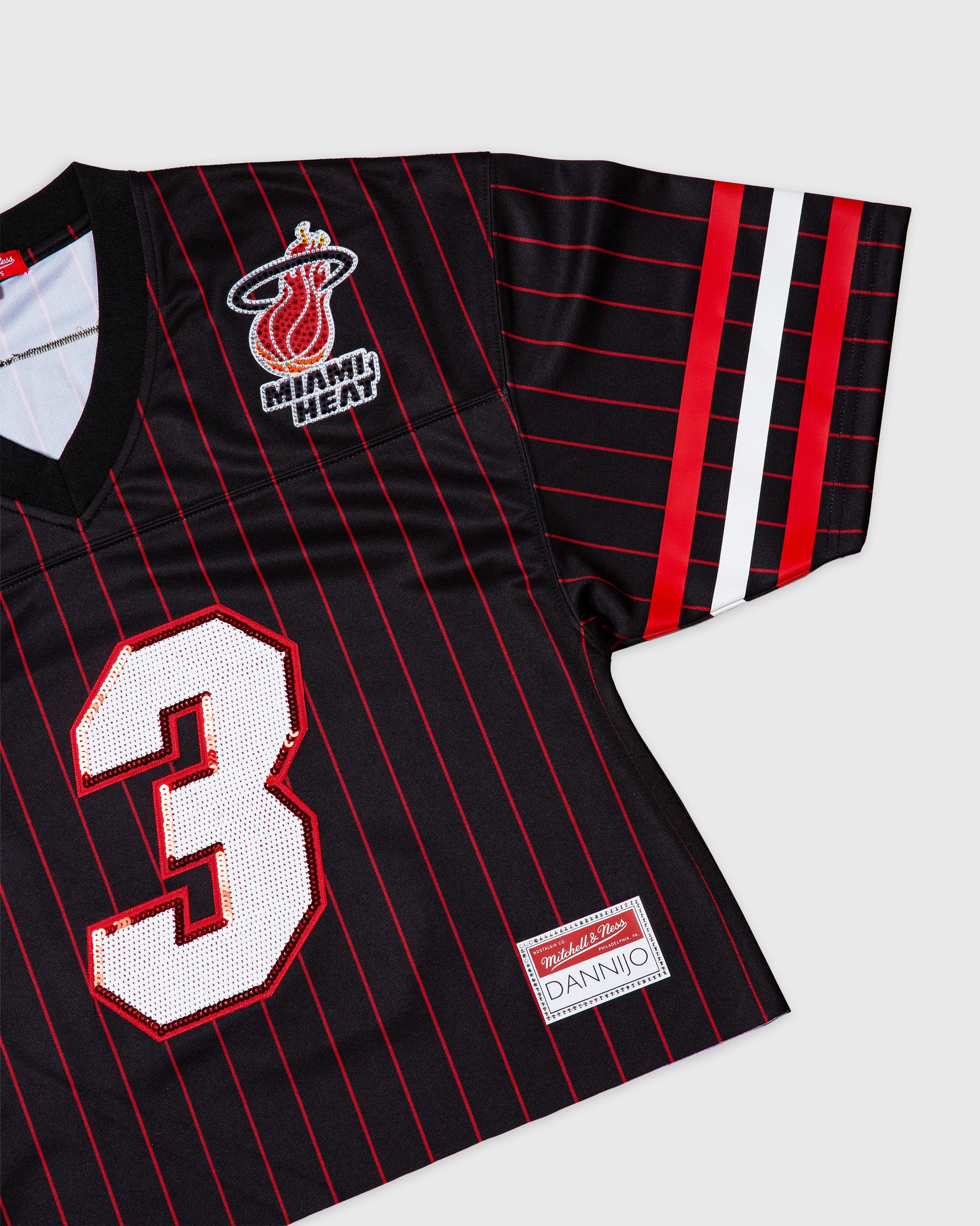 Dwyane Wade Miami Heat rhinestone crop football jersey black with red stripes and number 3