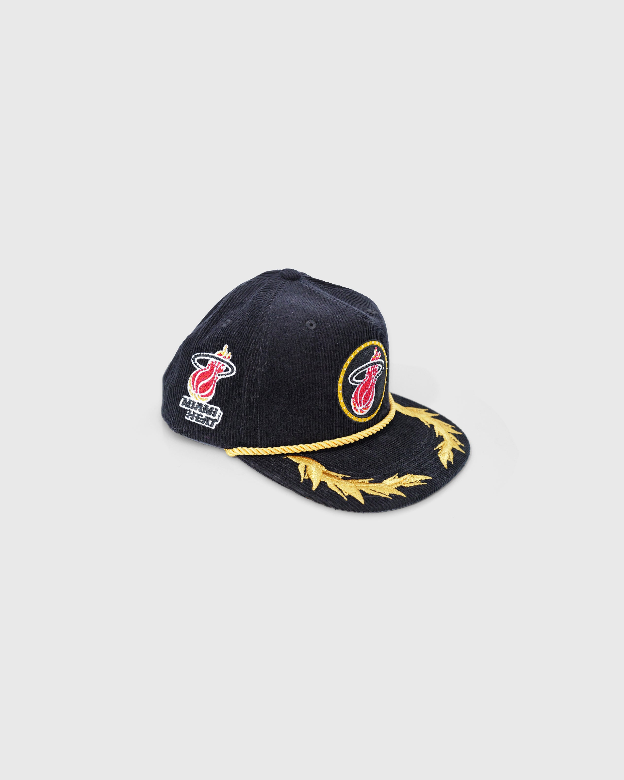 Miami Heat black corduroy snapback hat with rhinestone and embroidered team logos