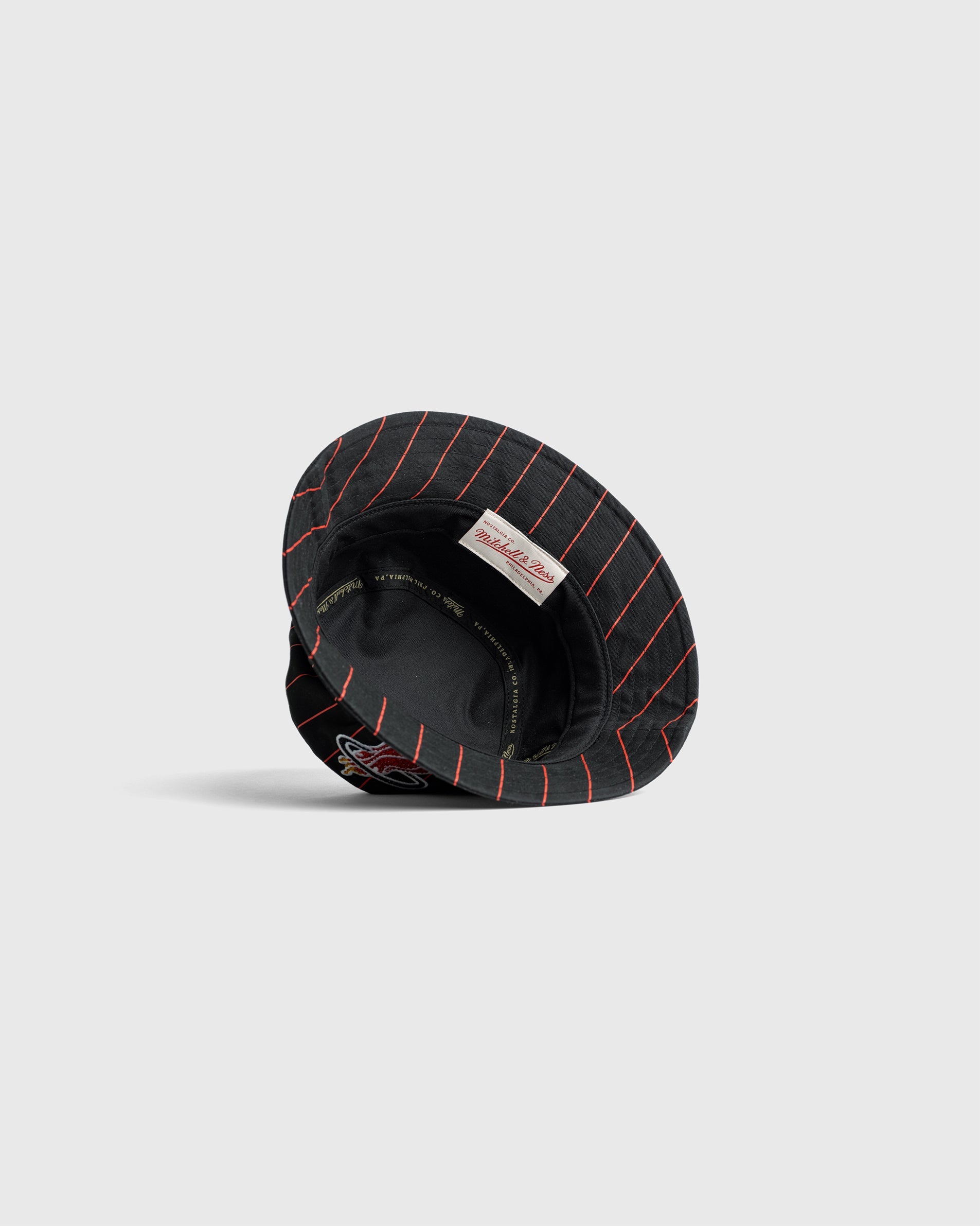 Miami Heat Bucket Hat with pinstripe pattern and embroidered logo