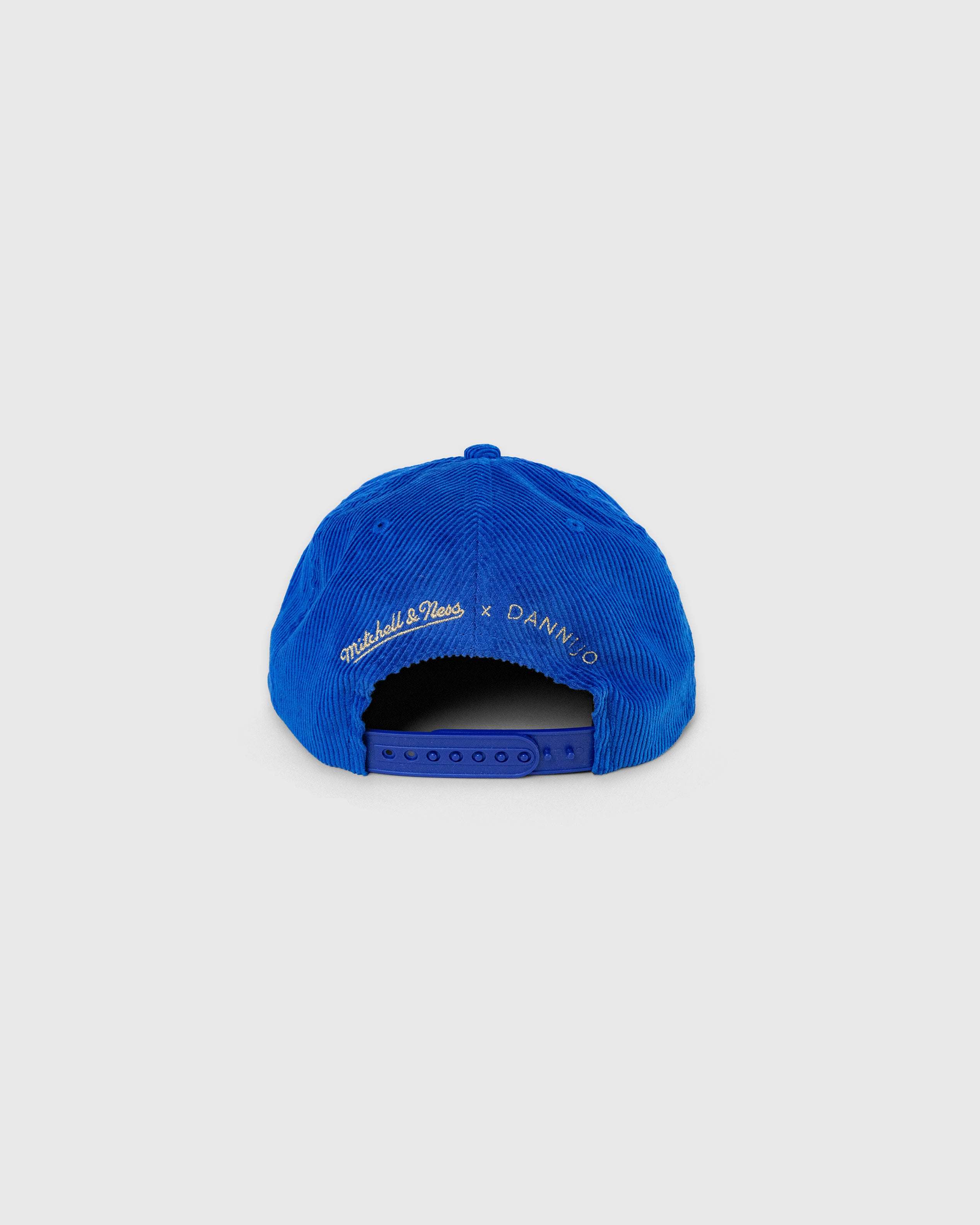 Blue New York Knicks corduroy snapback hat with rhinestone accents, adjustable back strap