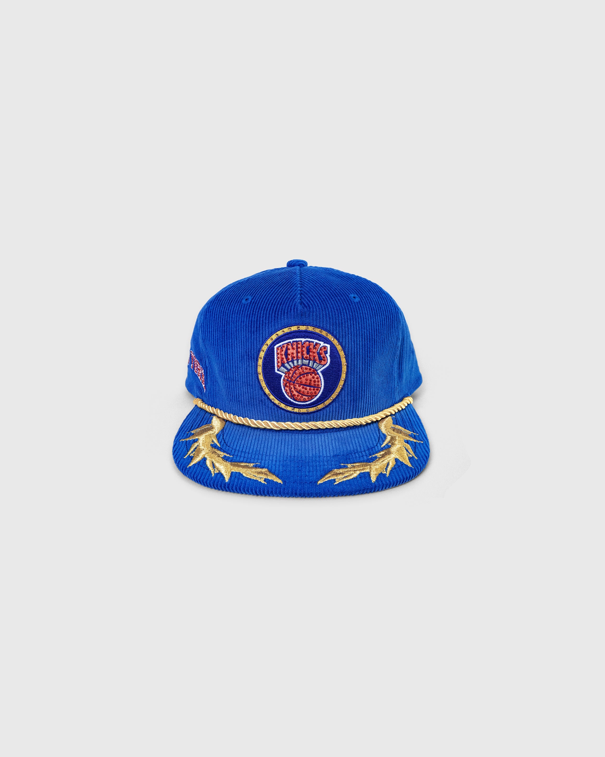 New York Knicks blue corduroy snapback hat with rhinestone and embroidered team logo