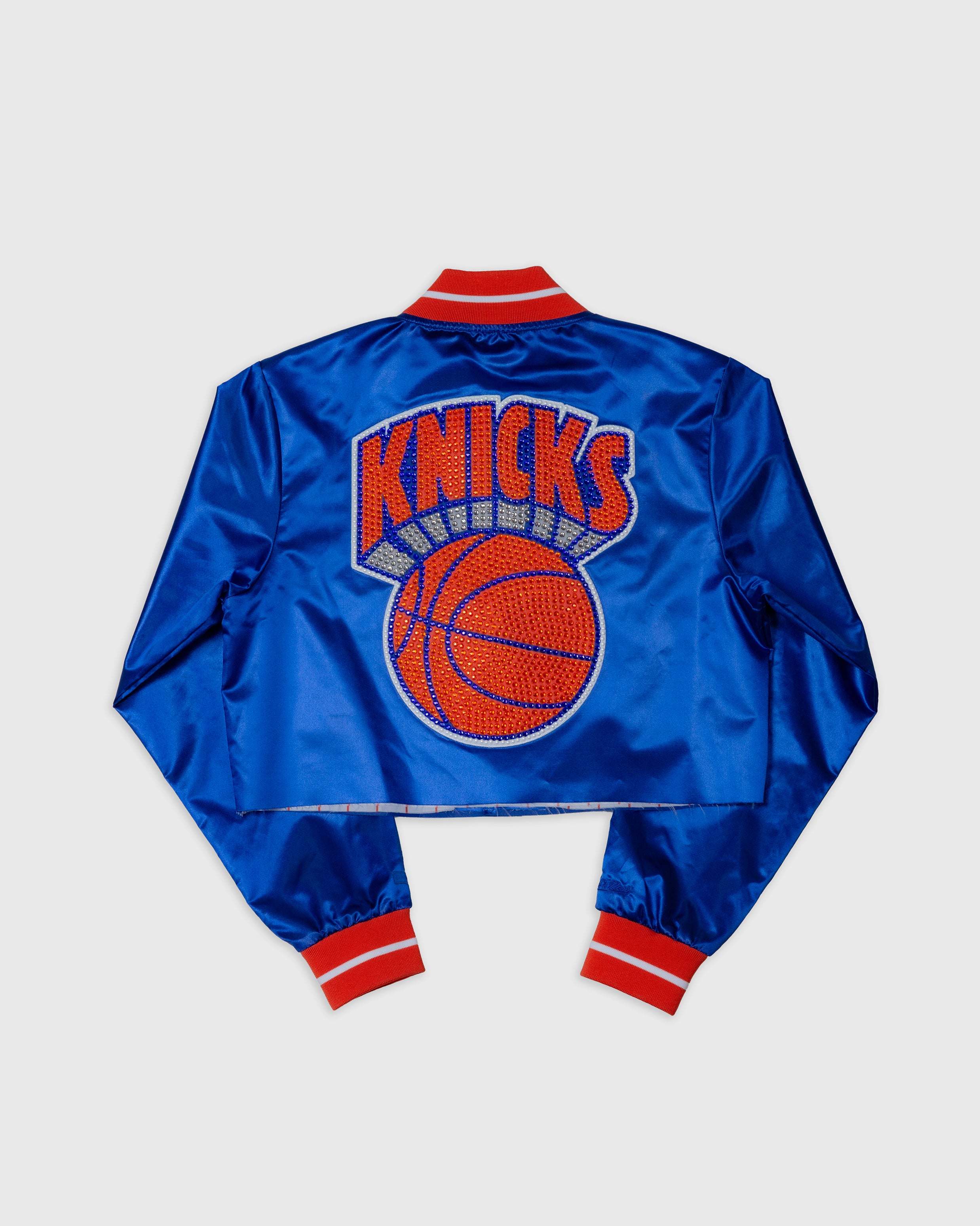 New York Knicks blue satin cropped jacket with rhinestone basketball emblem and red striped cuffs