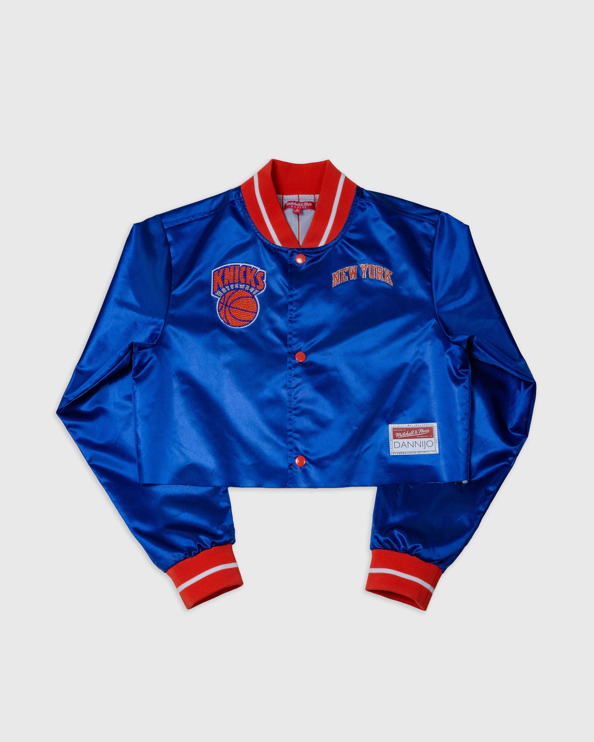 New York Knicks blue satin cropped jacket with rhinestone and tackle twill details