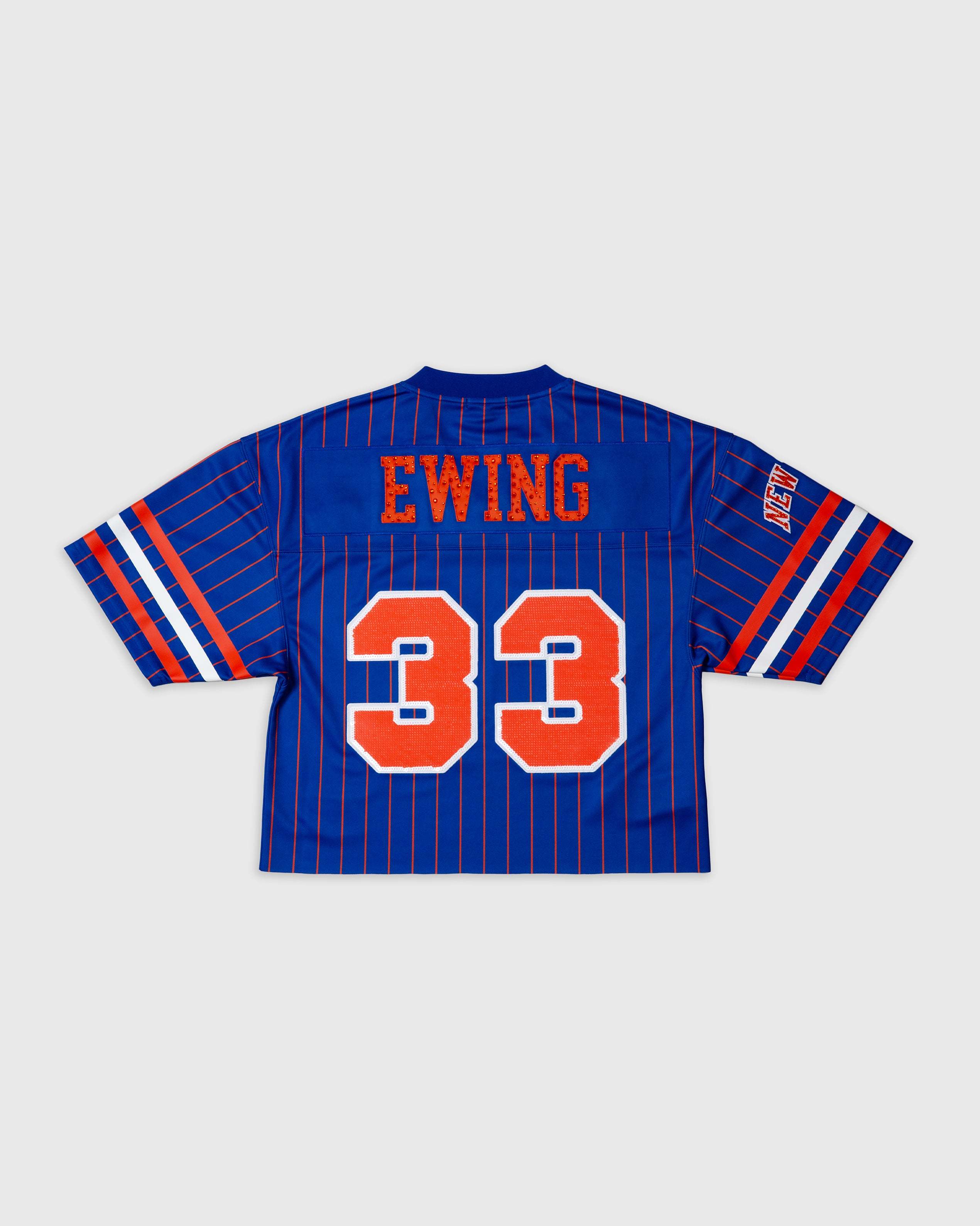 Patrick Ewing New York Knicks rhinestone crop football jersey with number 33 and blue pinstripes