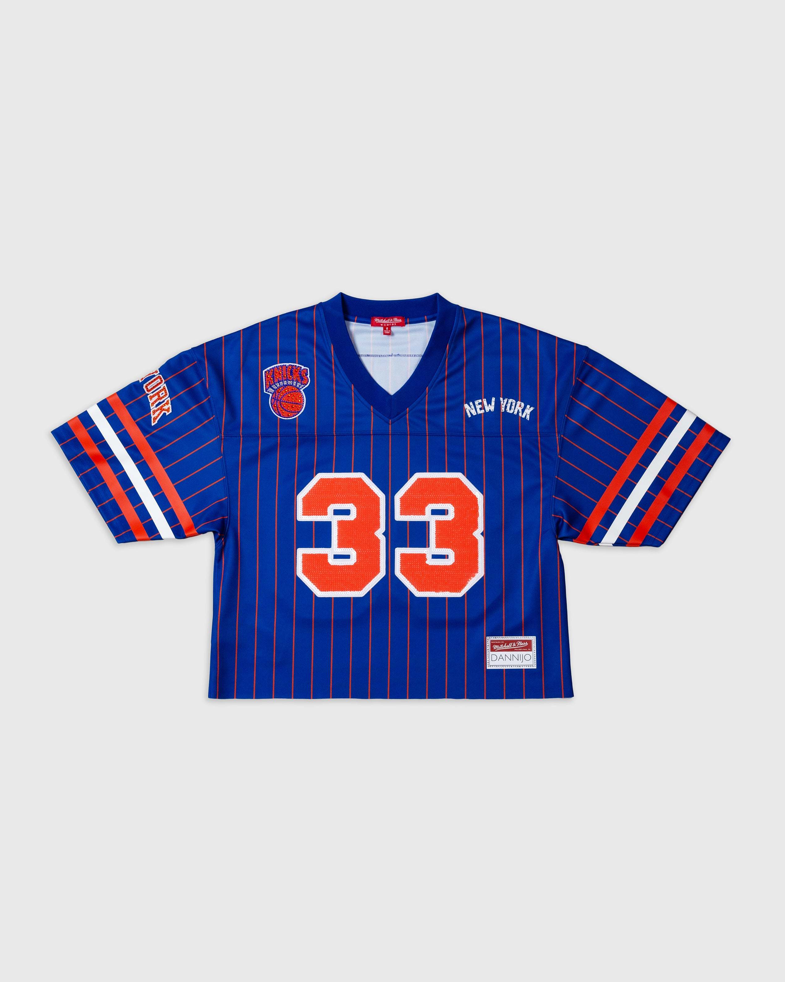 Patrick Ewing New York Knicks rhinestone crop football jersey with number 33 in blue and orange stripes