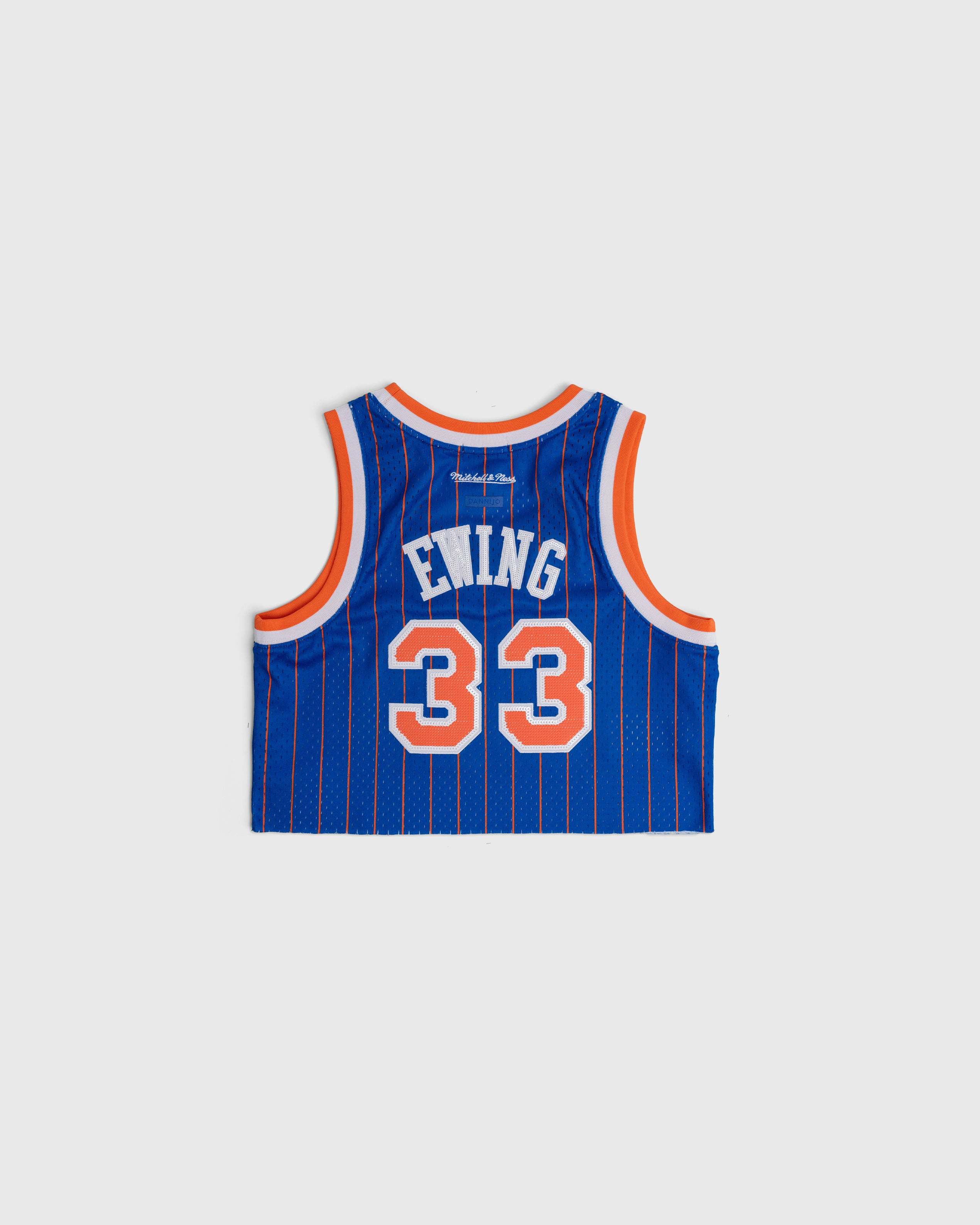 Patrick Ewing New York Knicks cropped blue basketball jersey with number 33 and orange trim