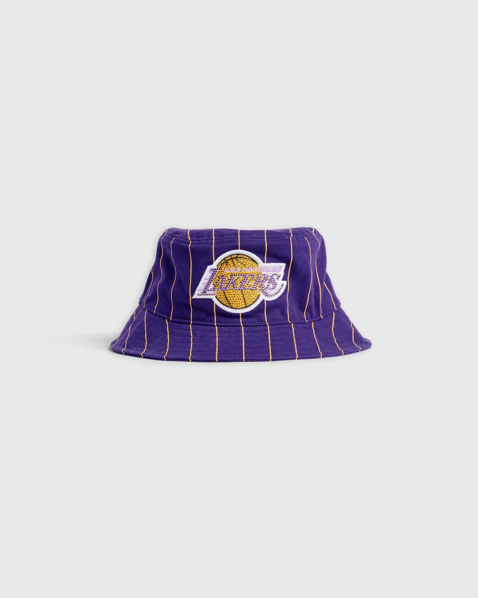 Los Angeles Lakers bucket hat with purple pinstripes and embroidered team logo