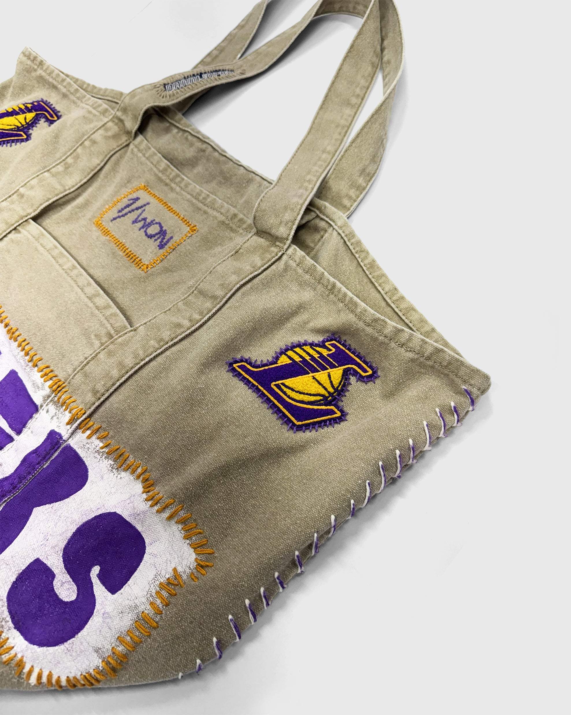1/WON Lakers Bag hand stitched distressed NBA tote with Lakers logo and purple accents