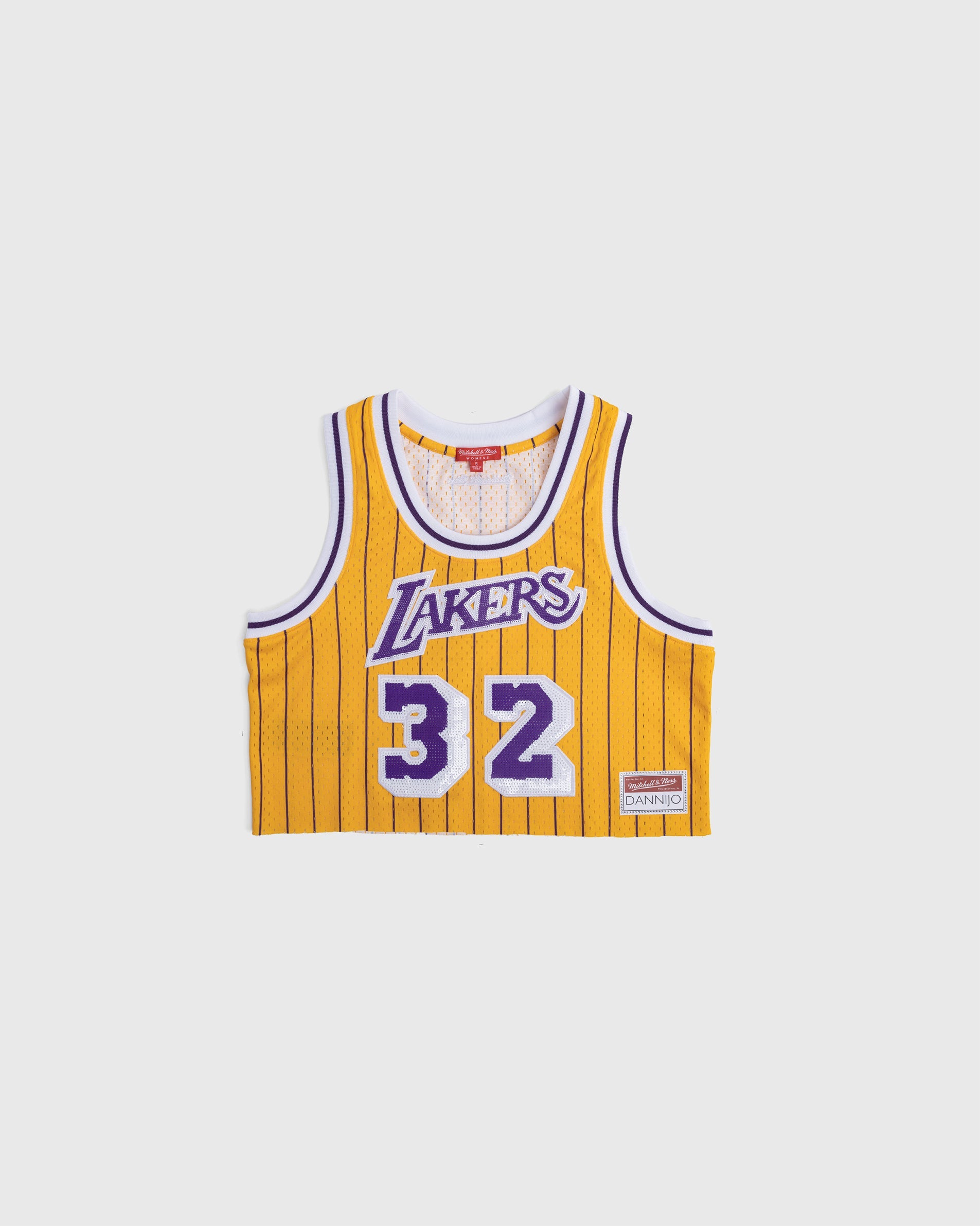 Magic Johnson Los Angeles Lakers yellow cropped basketball jersey with purple accents and sequin details