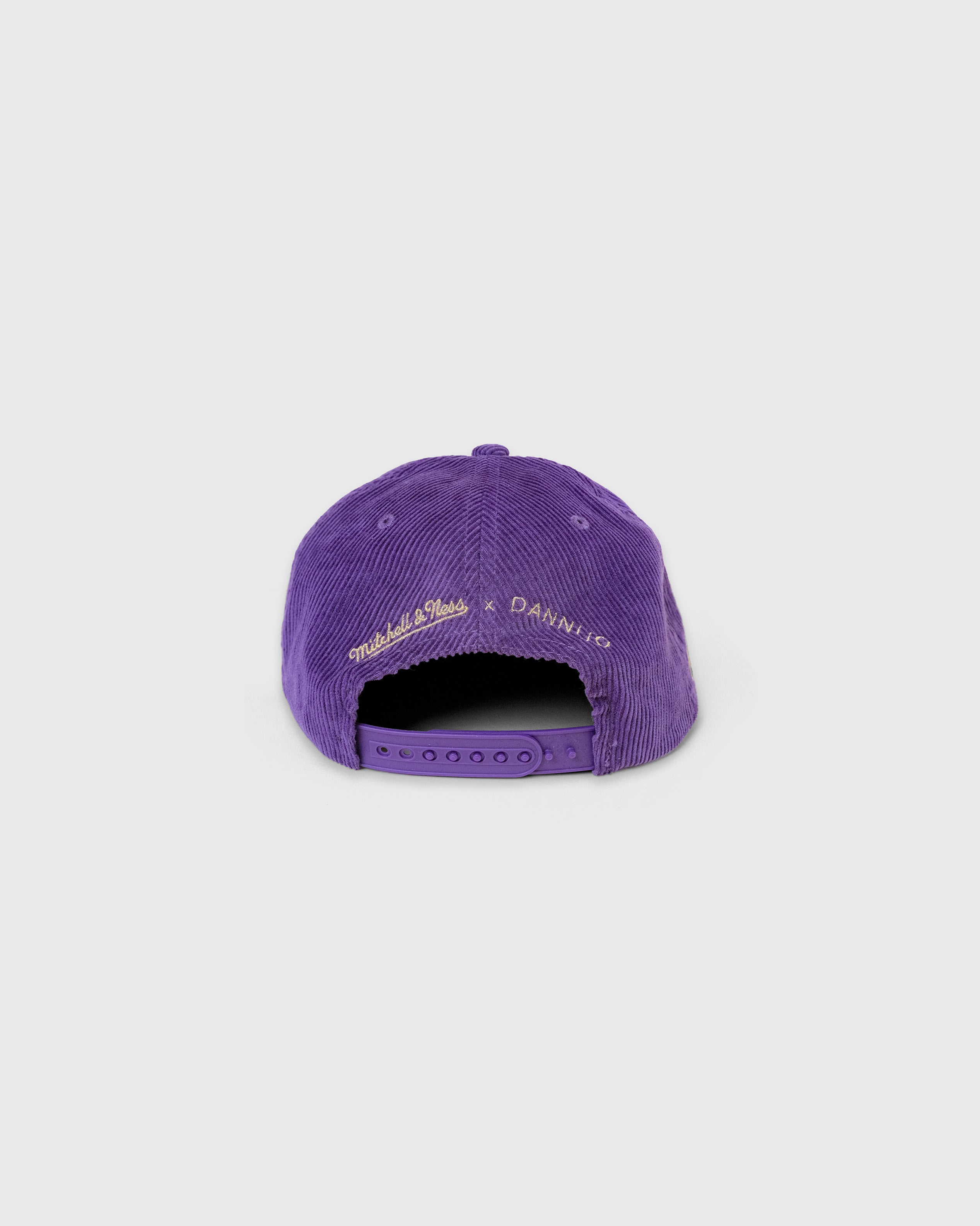 Purple Los Angeles Lakers corduroy rhinestone snapback hat with embroidered details and adjustable strap at the back