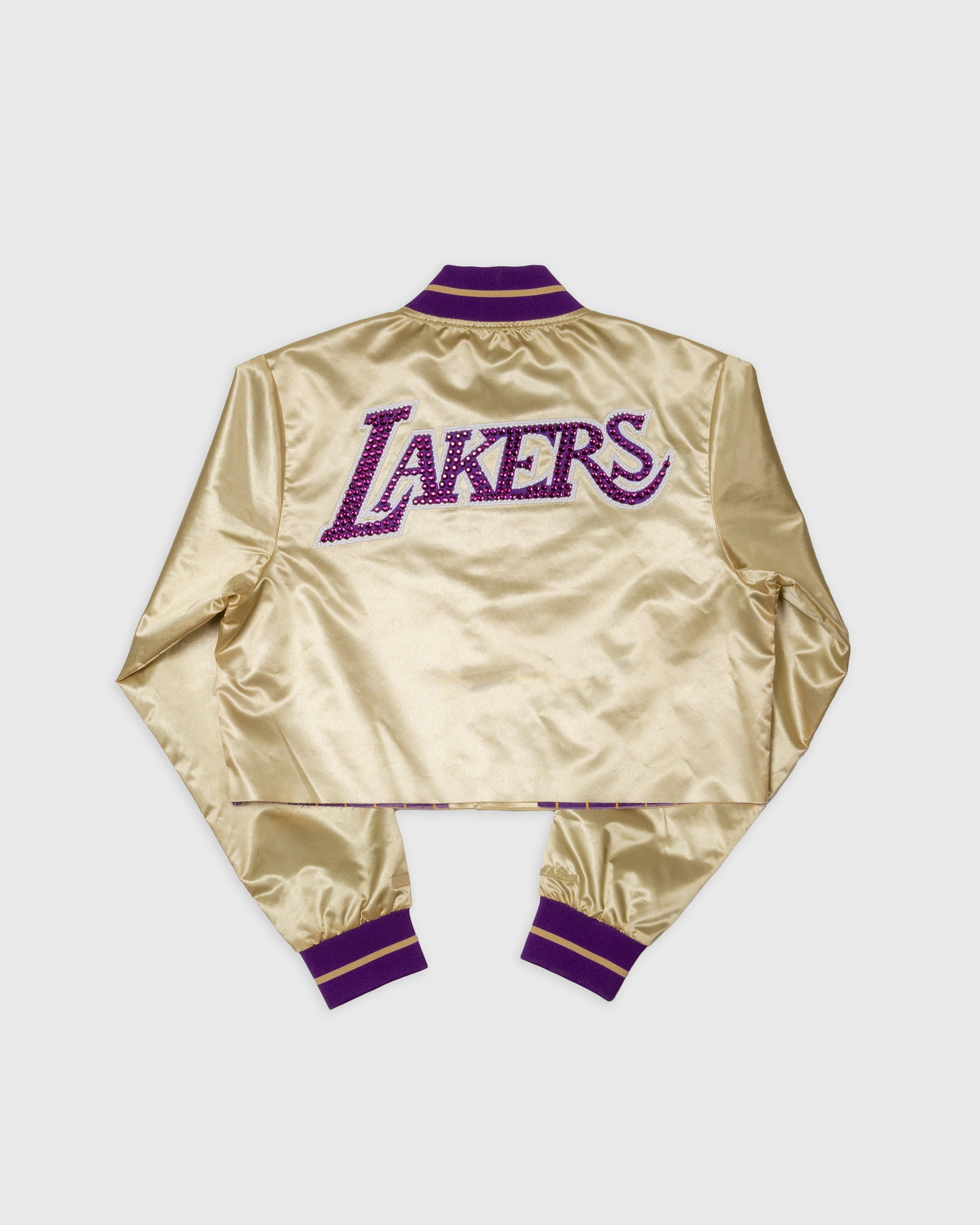 Los Angeles Lakers gold satin cropped jacket with rhinestone logo and purple accents