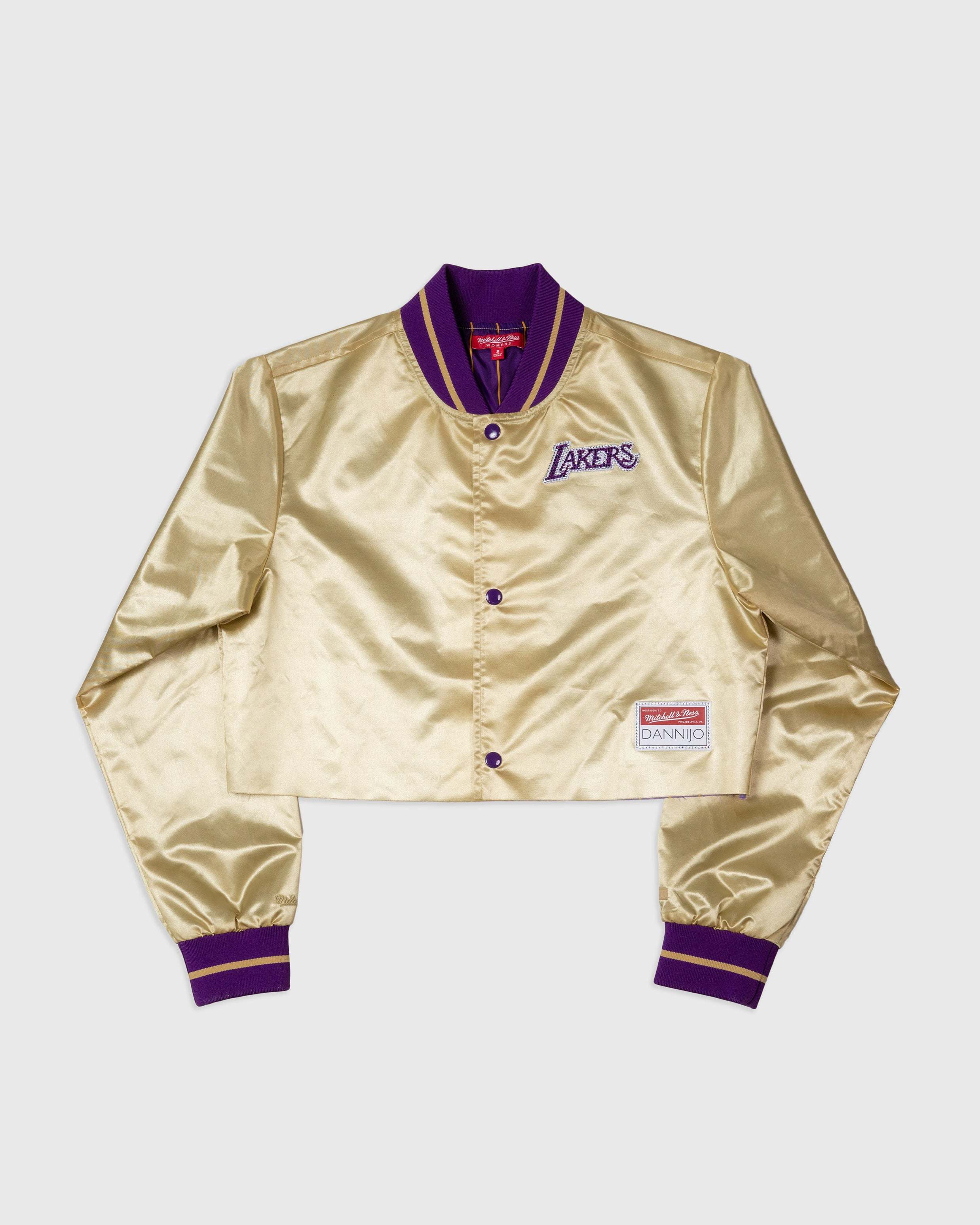 Los Angeles Lakers gold satin cropped jacket with rhinestone team emblem and purple accents