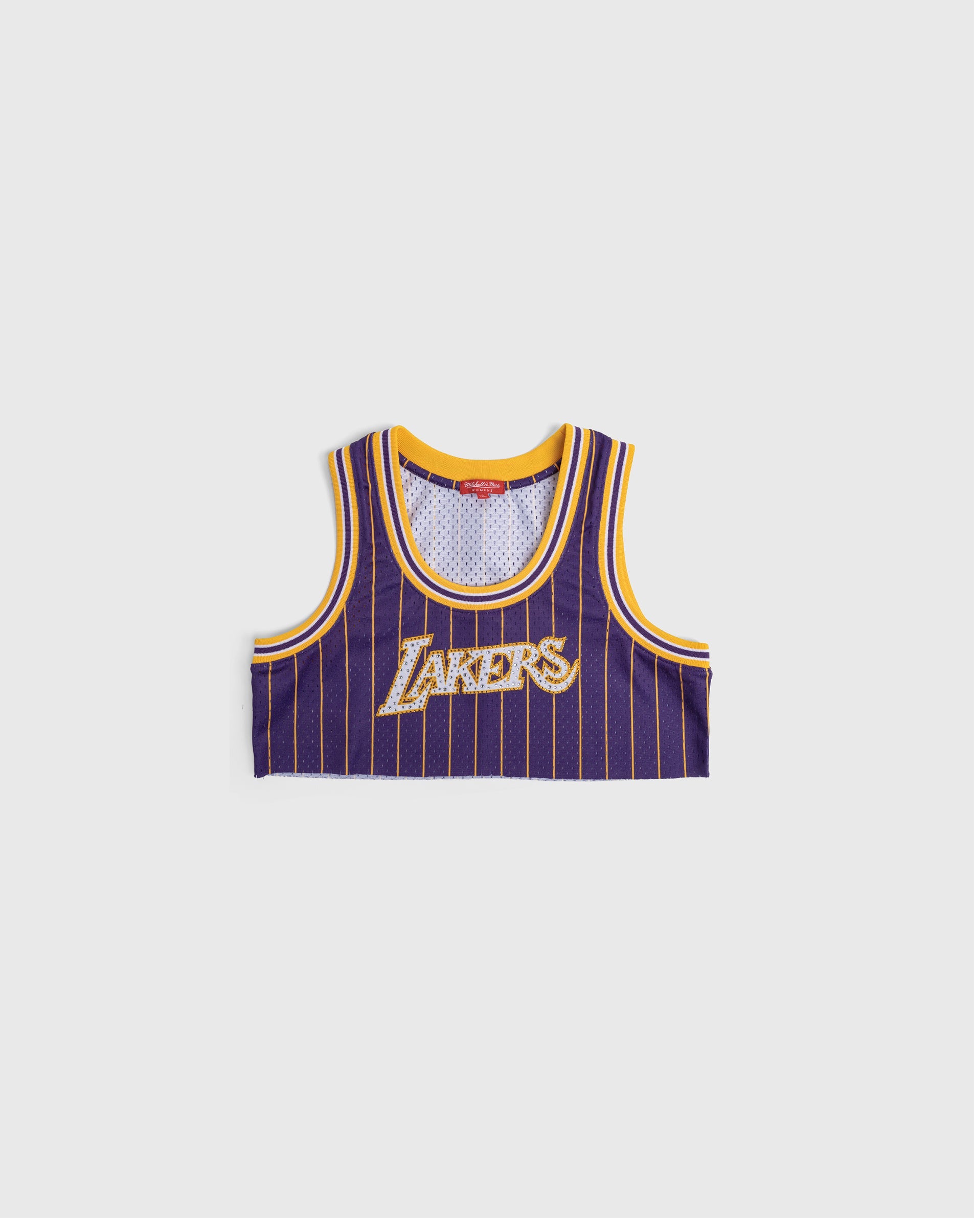 Los Angeles Lakers purple pinstripe micro crop tank with rhinestone logo embellishments