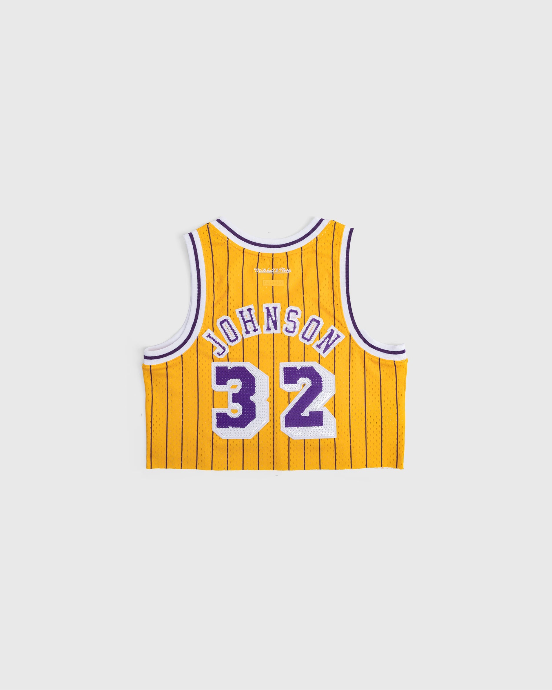 Magic Johnson Los Angeles Lakers yellow and purple cropped basketball jersey with sequin details and number 32