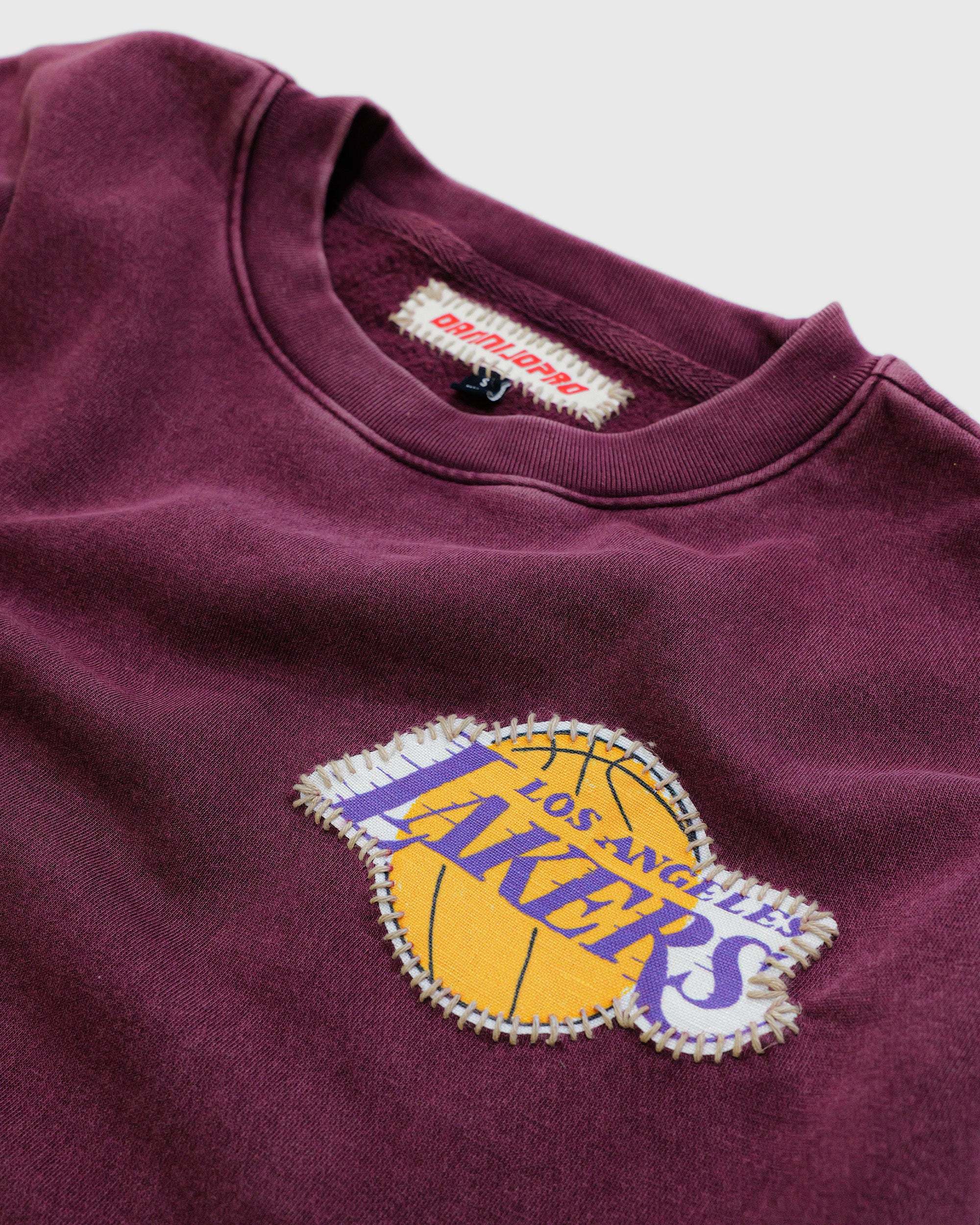 Whip Stitch Crewneck sweatshirt with hand-stitched Los Angeles Lakers patch in maroon color
