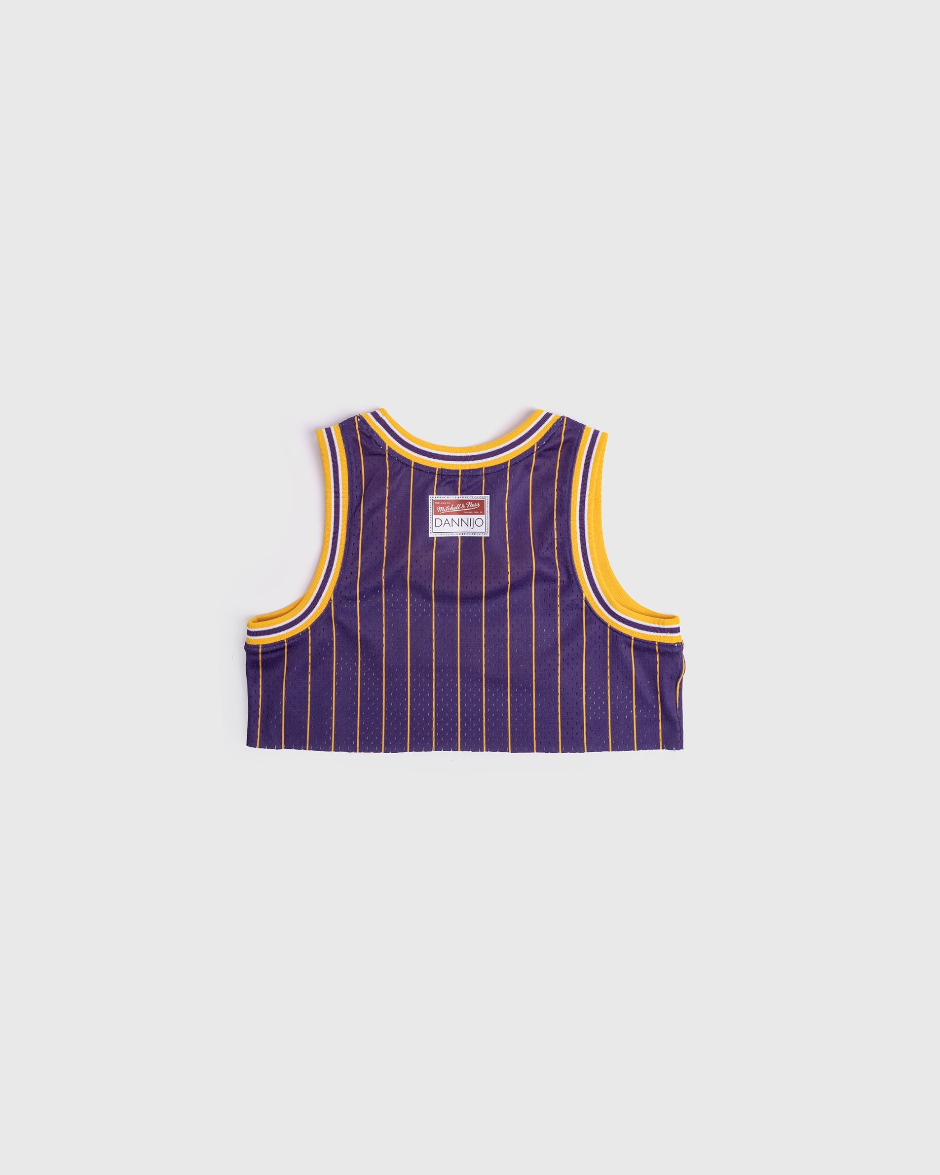 Los Angeles Lakers purple pinstripe micro crop tank with yellow trim and rhinestone logo embellishments back view