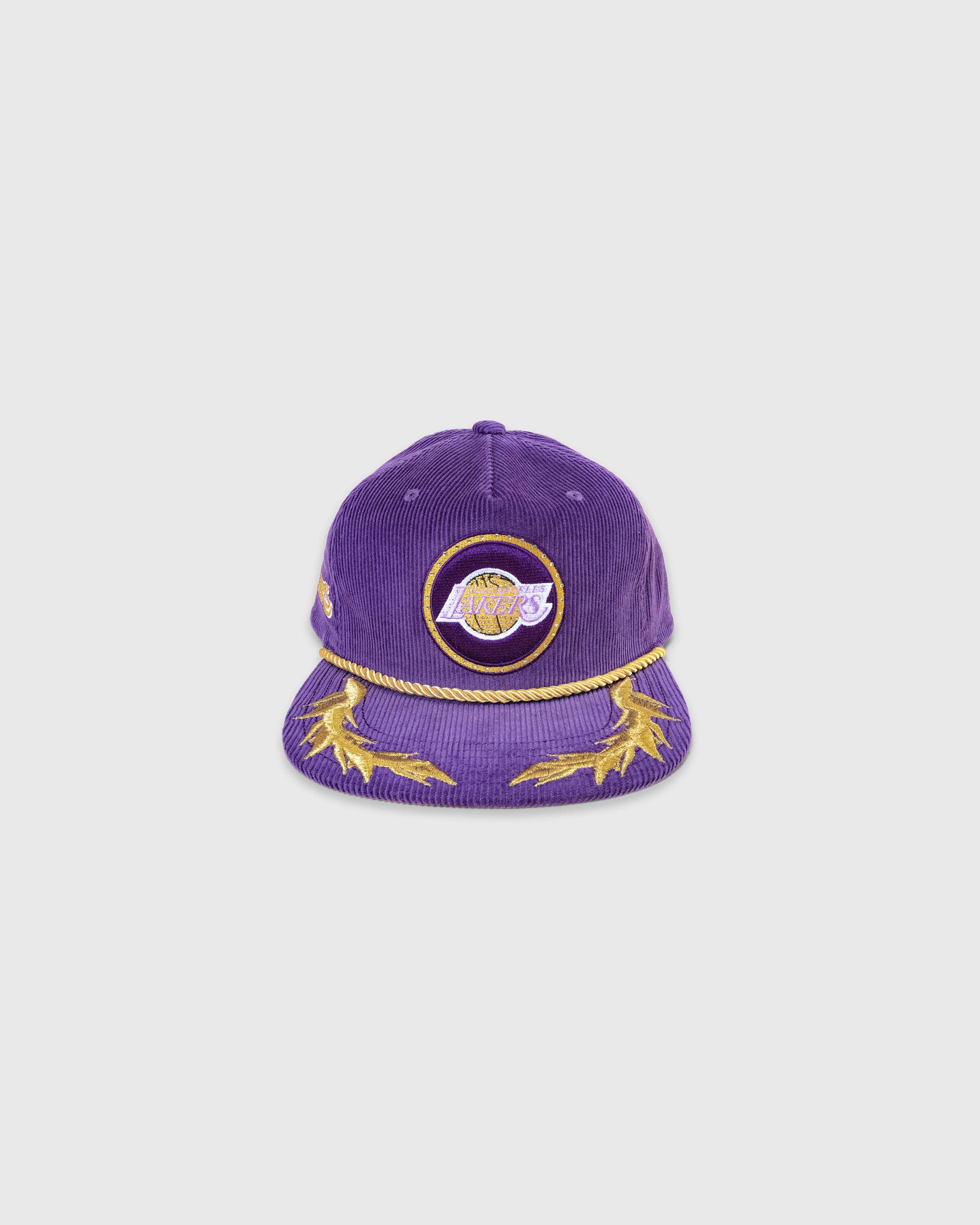 Los Angeles Lakers purple corduroy rhinestone snapback hat with embroidered team emblem and gold details