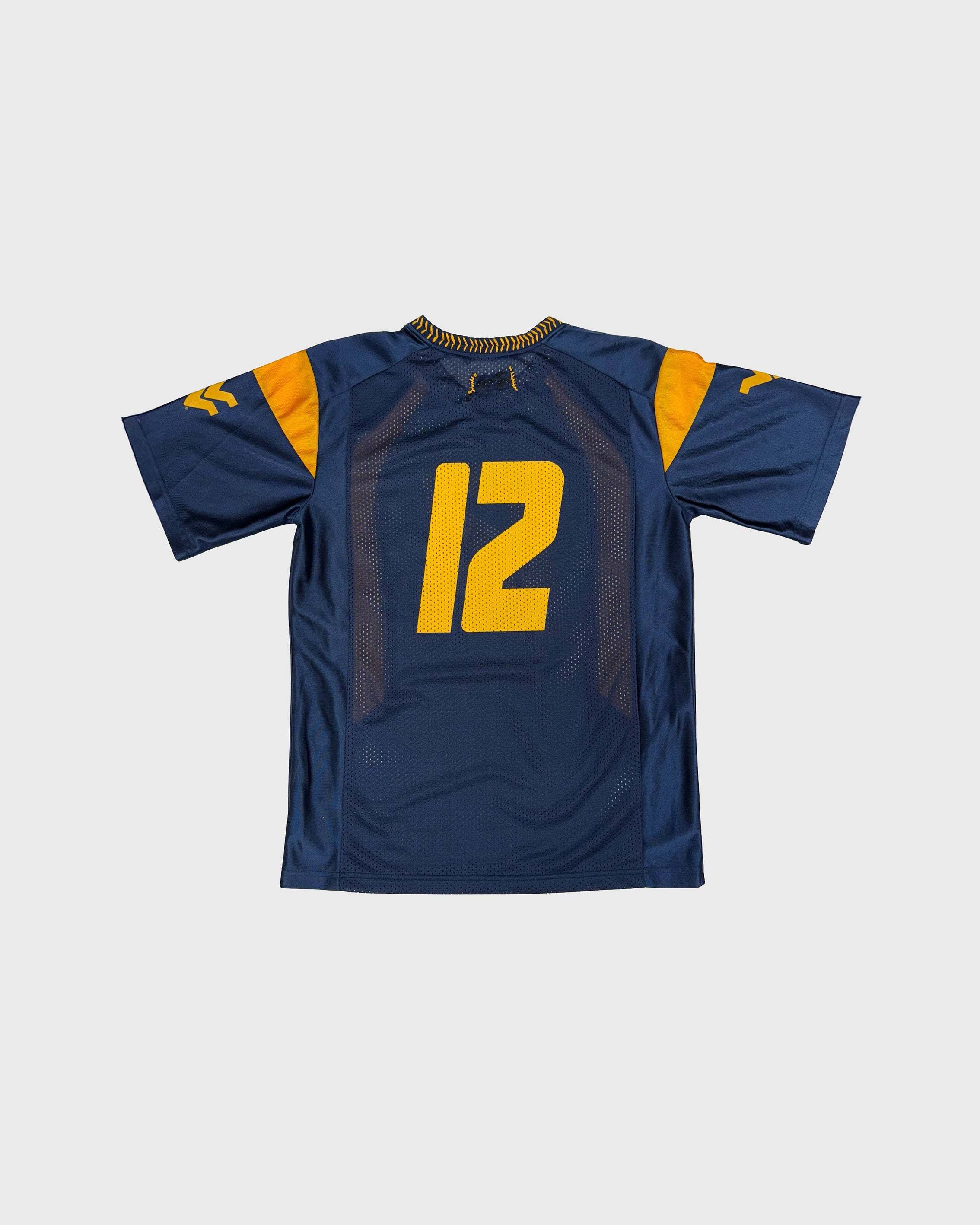 Navy and golden yellow 12 West Virginia jersey with hand-stitched detailing and number 12 on back