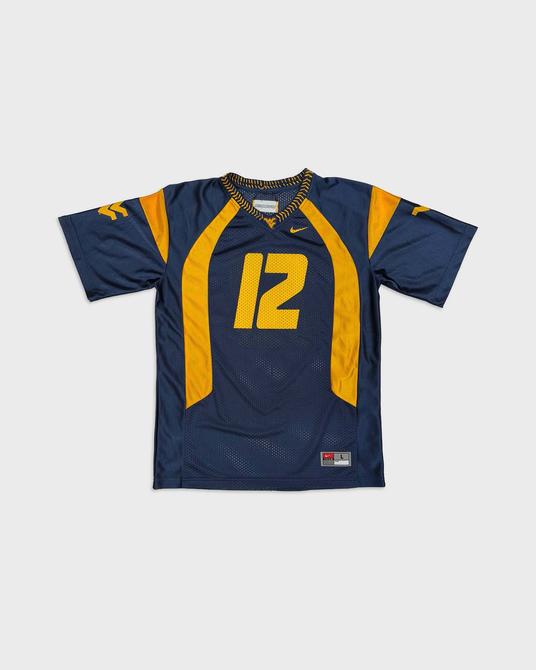 12 West Virginia Jersey navy and golden yellow vintage upcycled sports shirt with hand-stitched neckline detailing