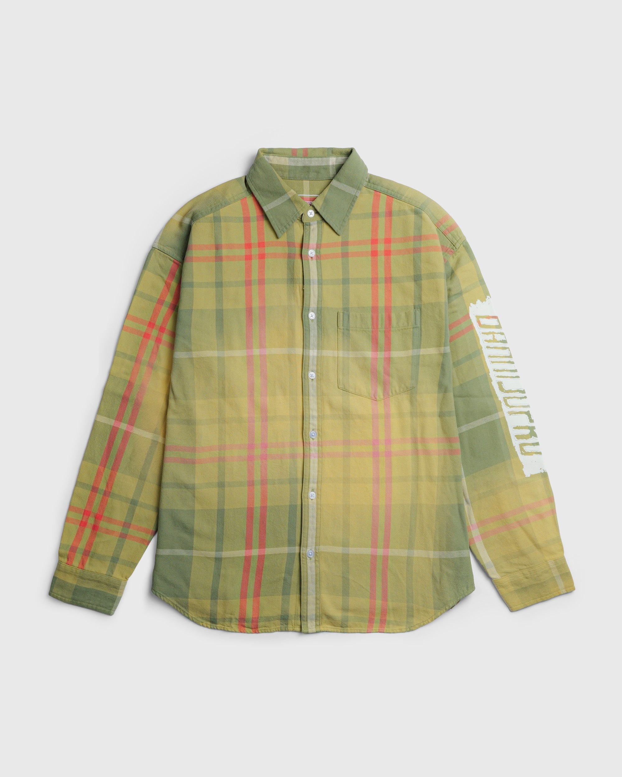 Boston Celtics sports flannel shirt in green and yellow plaid with button-down front and long sleeves
