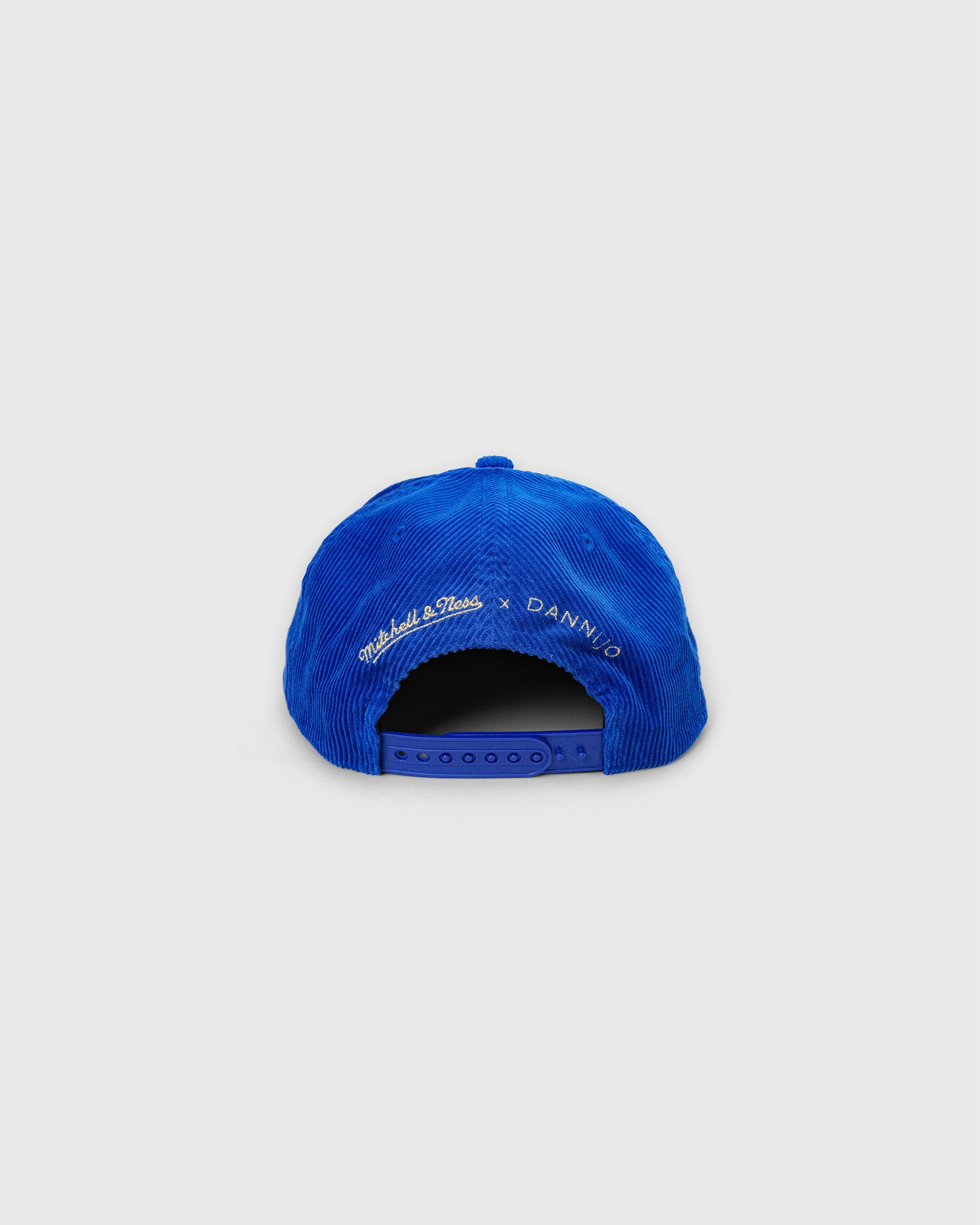 Blue Golden State Warriors corduroy rhinestone snapback hat back view