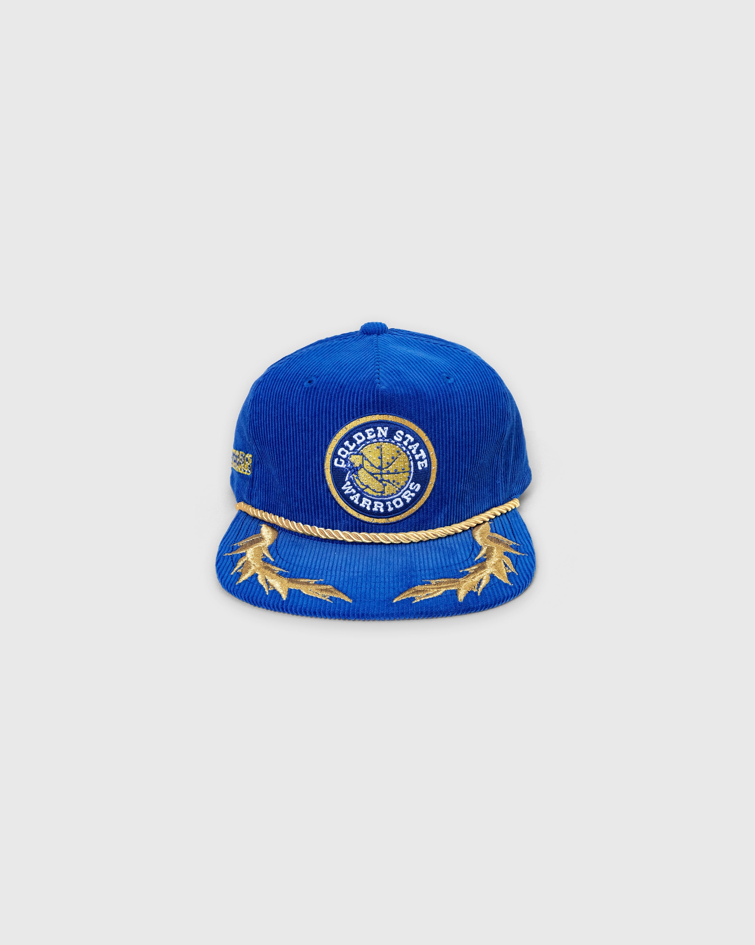 Golden State Warriors blue corduroy snapback hat with embroidered emblem and gold rhinestone details
