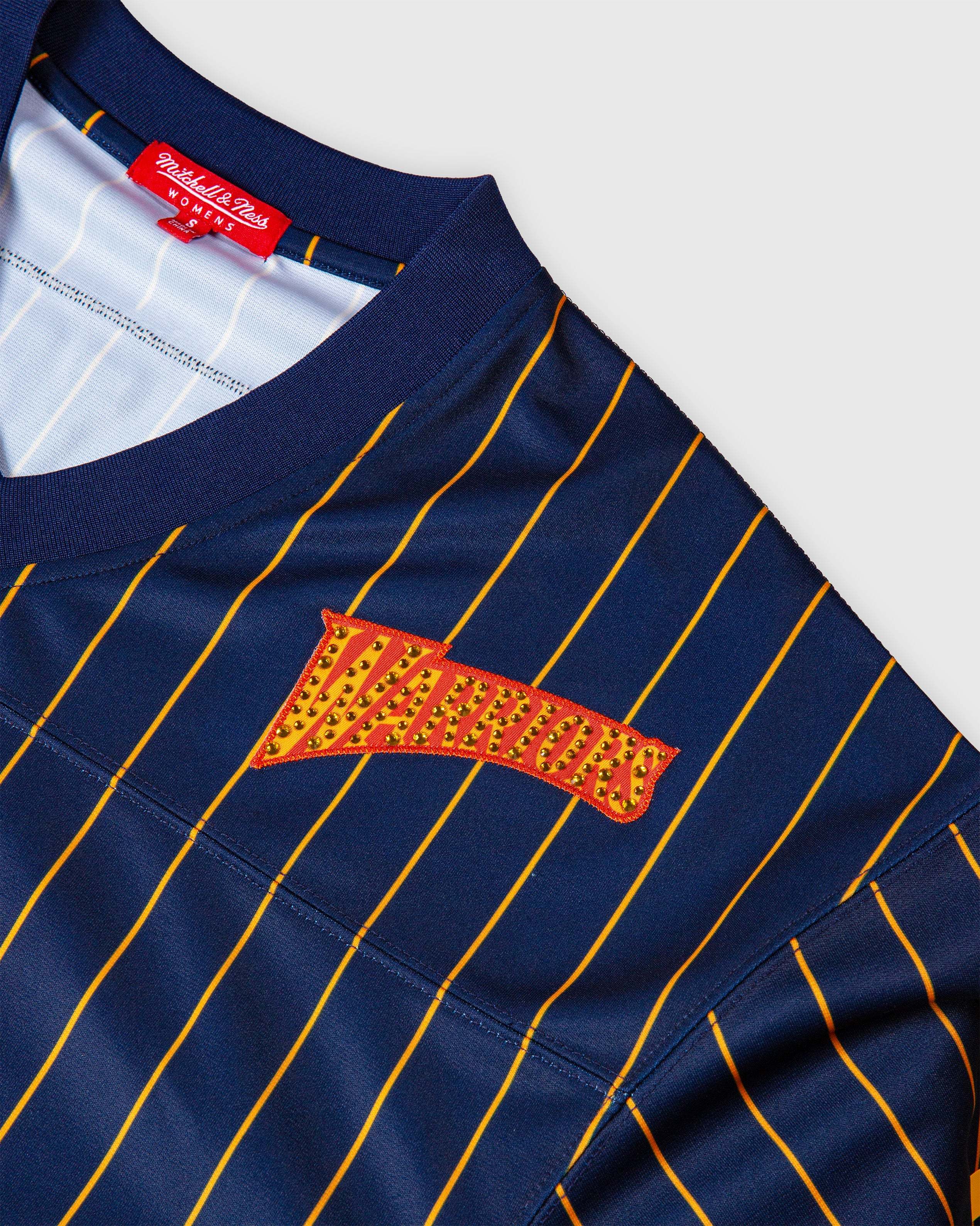 Baron Davis Golden State Warriors navy pinstripe rhinestone crop football jersey close-up