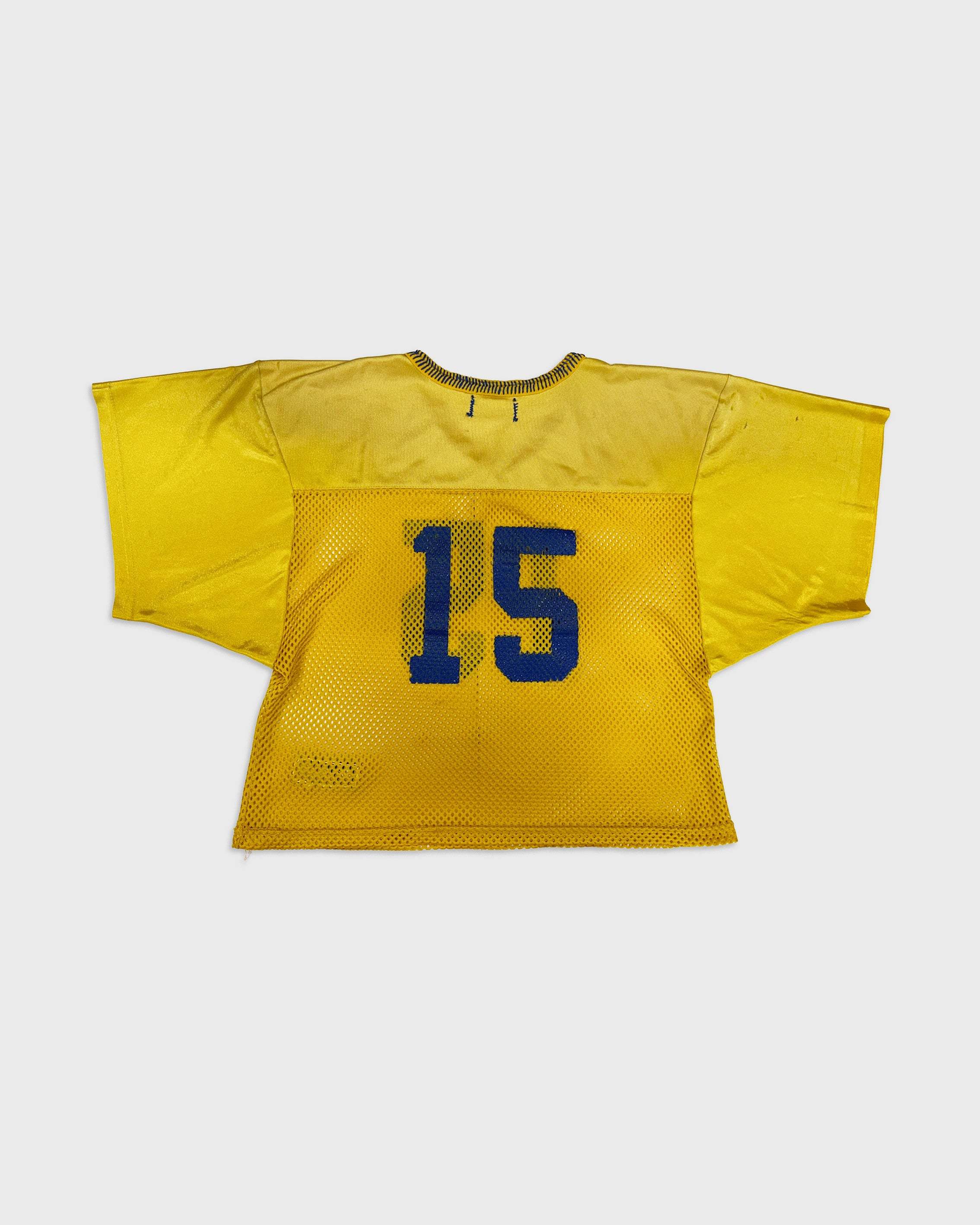 Vintage yellow mesh jersey with blue stitched neckline and painted number 15 on chest and back