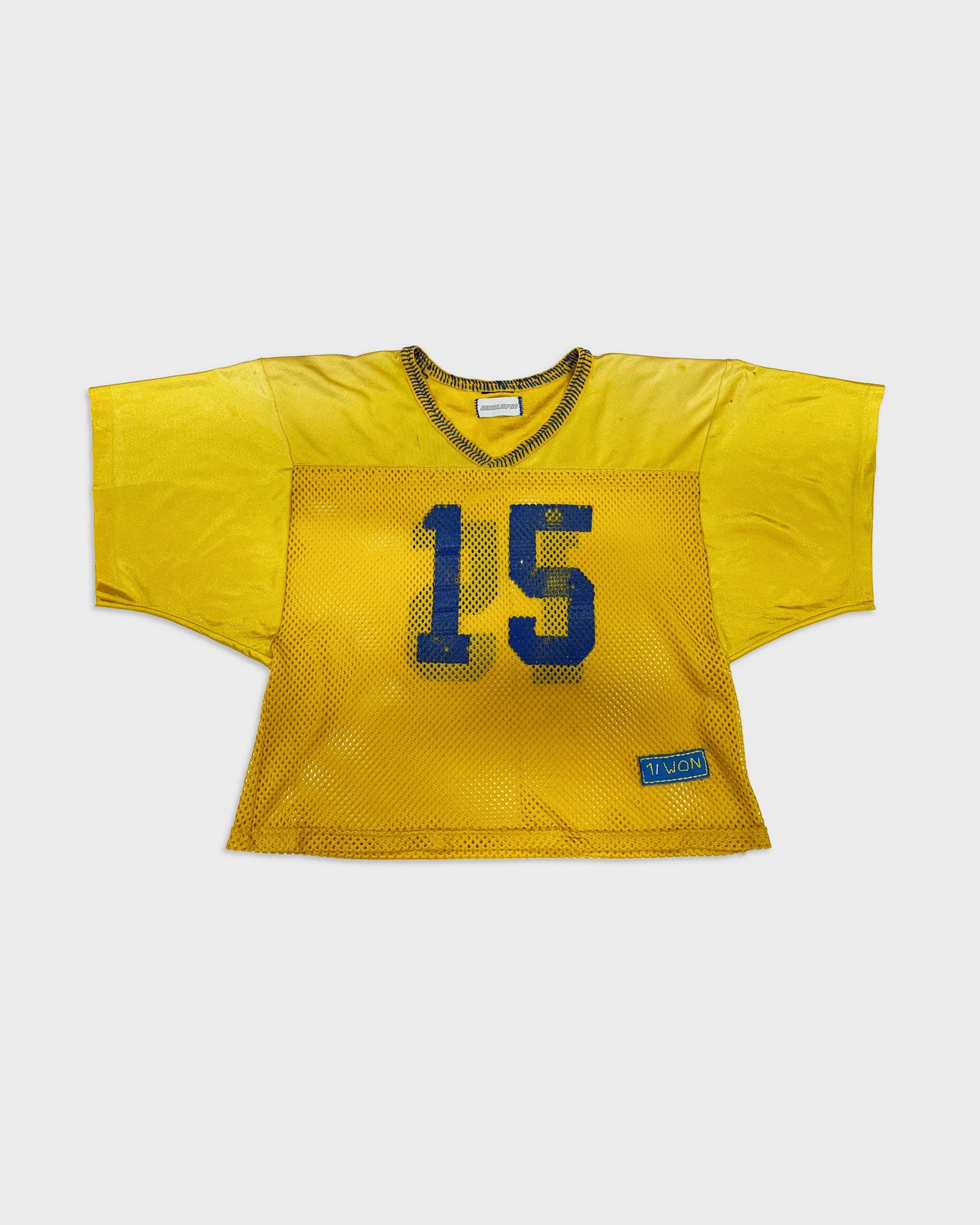 Vintage yellow mesh jersey with blue number 15 and hand-stitched neckline detailing