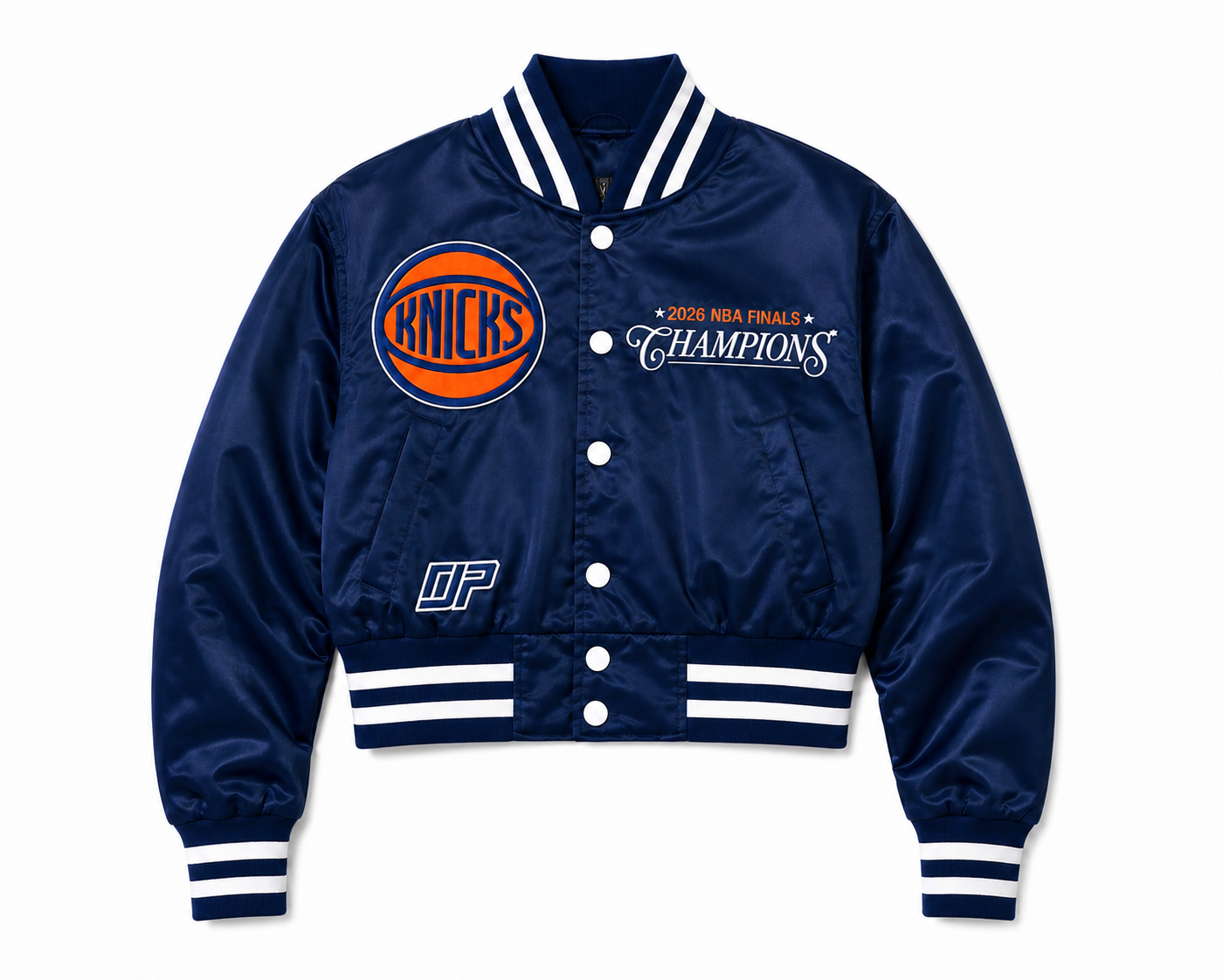 A navy blue satin varsity jacket with white and orange accents, featuring the New York Knicks logo and '2024 NBA Finals Champions' text on the chest.